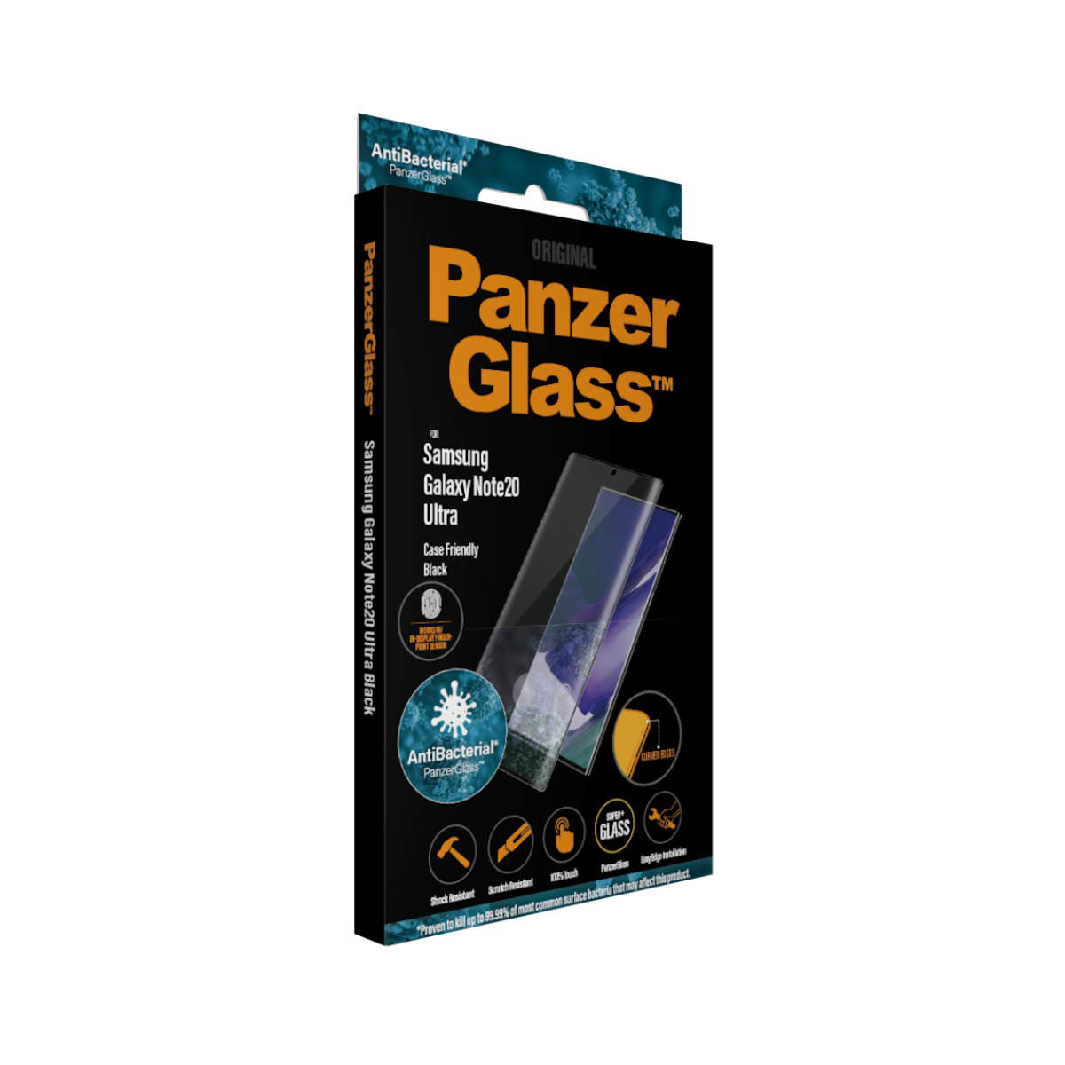 Scatola nera Panzer Glass per Samsung Galaxy Note20 Ultra con protezione schermo e immagine telefono su bianco.