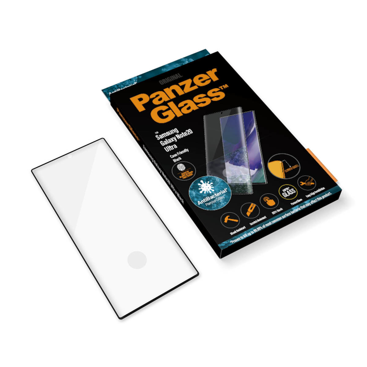 Scatola Panzer Glass e protezione schermo per Samsung Galaxy Note20 Ultra su una superficie bianca.
