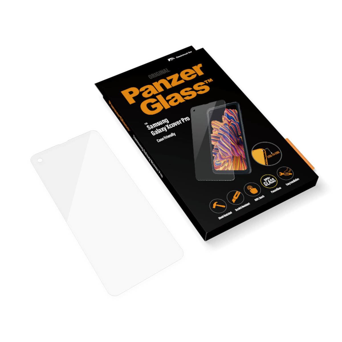 Scatola Panzer Glass, protezione schermo e immagine telefono per Samsung Galaxy Xcover Pro su superficie bianca.