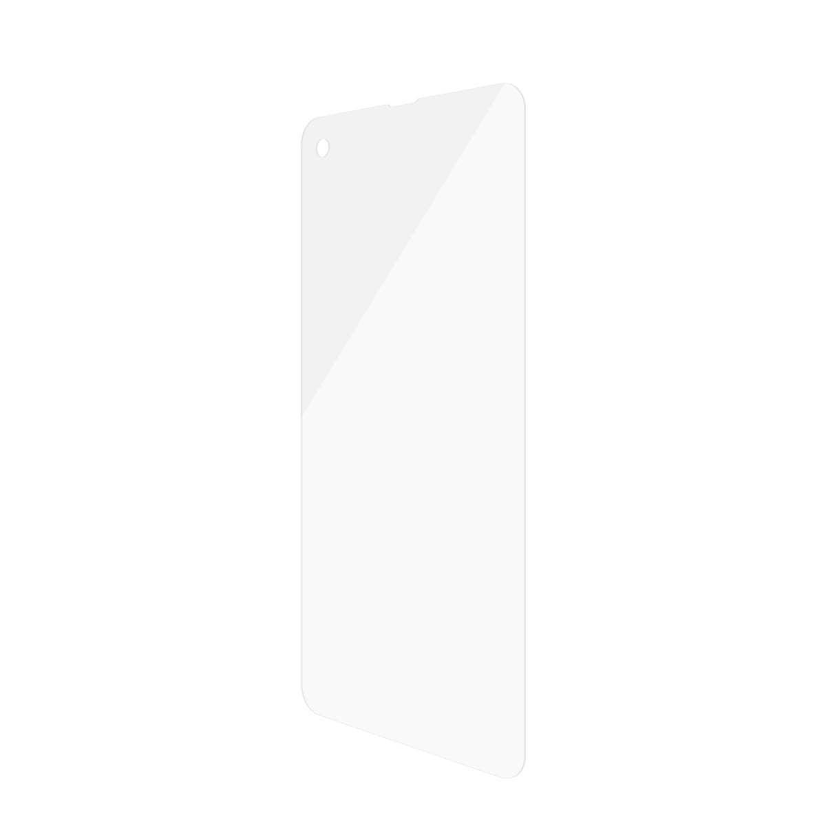 Protezione schermo trasparente con foro fotocamera su sfondo bianco, per telefono Samsung.