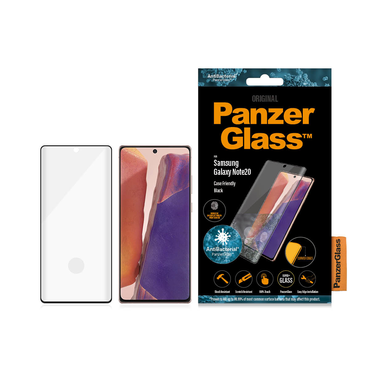 Protezione schermo, telefono e scatola Panzer Glass per Samsung Galaxy Note20 Ultra, su sfondo bianco.