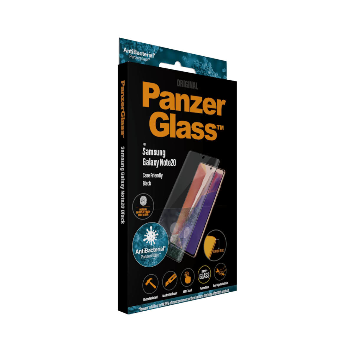 Scatola nera Panzer Glass per Samsung Galaxy Note20 con protezione schermo e immagine telefono su bianco.