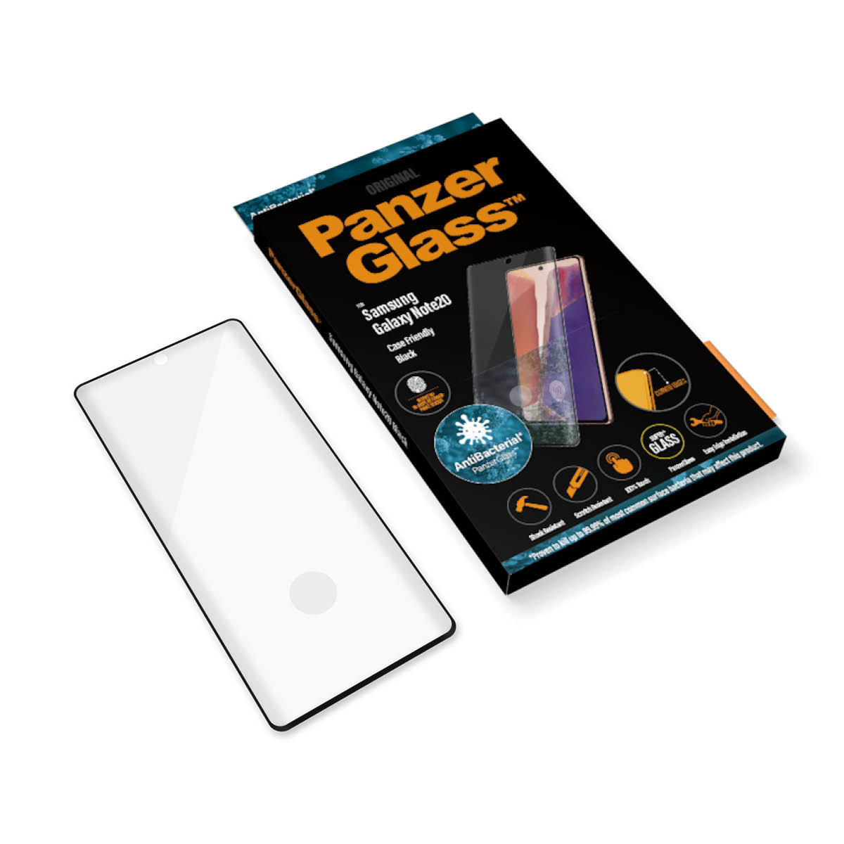 Scatola Panzer Glass e protezione schermo per Samsung Galaxy Note20 su una superficie bianca.