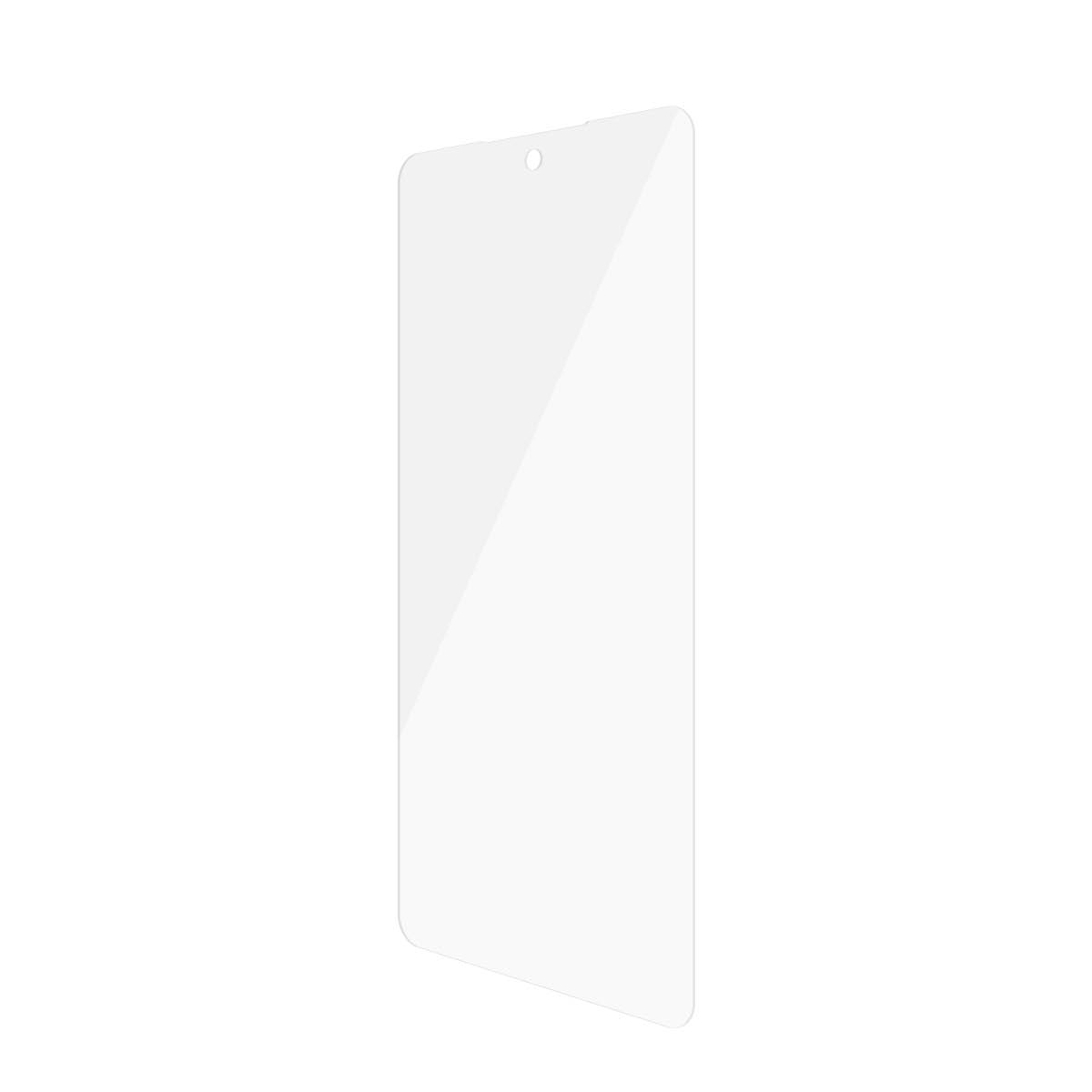 Un protecteur d'écran transparent pour un téléphone. Un petit trou est en haut pour la caméra.
