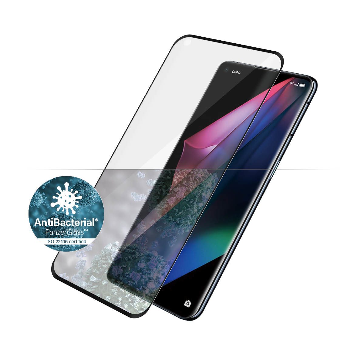 Telefono con protezione schermo e logo AntiBatterico. Sfondo blu e verde. Telefono e protezione schermo neri.