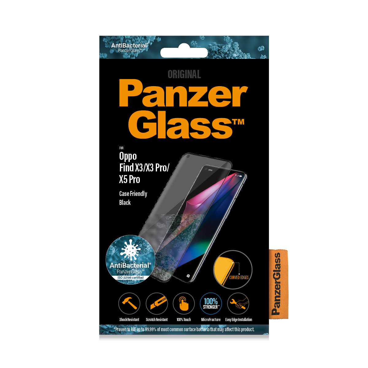Confezione PanzerGlass per Oppo Find X3/X3 Pro/X5 Pro, con telefono e protezione schermo visibili. Confezione nera.