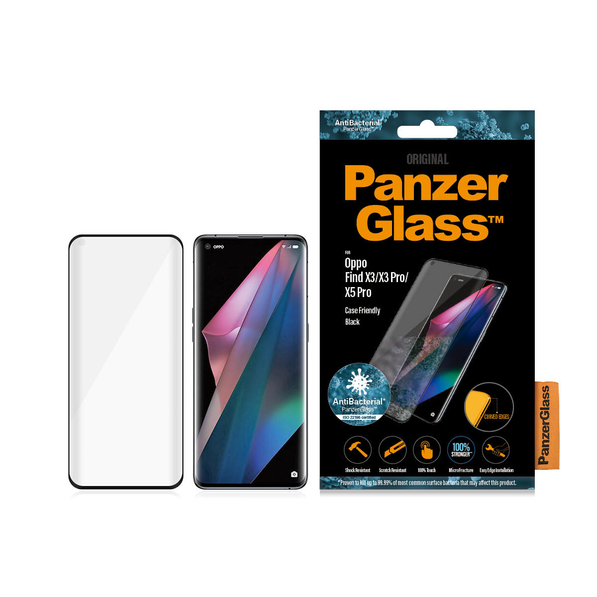 Telefono Oppo con protezione schermo e confezione. Protezione schermo bianca a sinistra. Confezione nera.