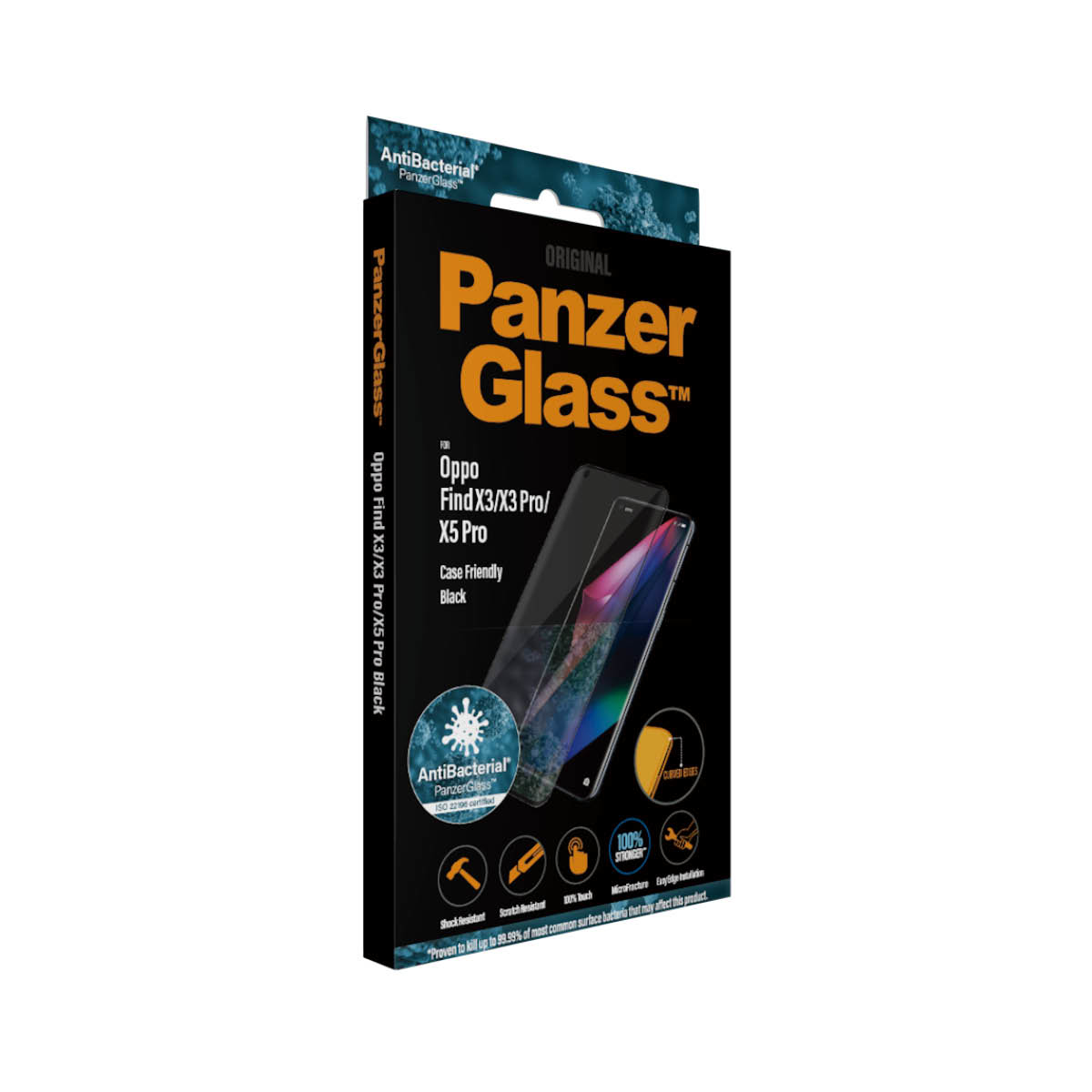 Confezione PanzerGlass per Oppo Find X3/X3 Pro/X5 Pro. Confezione nera con telefono e protezione schermo.