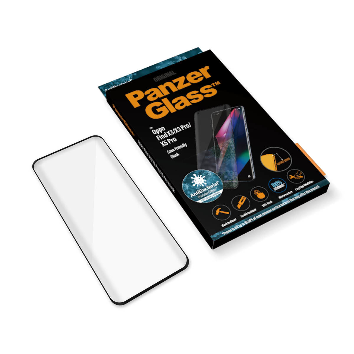 Confezione PanzerGlass per Oppo Find X3/X3 Pro/X5 Pro e una protezione schermo. Scatola nera, sfondo bianco.