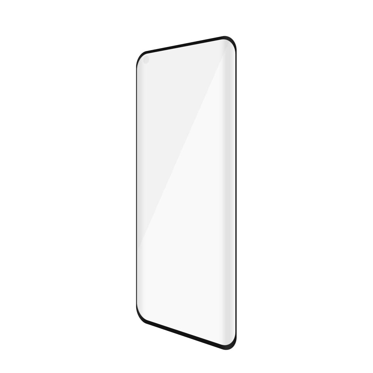 Una protezione schermo per un telefono. Vetro bianco con bordo nero. Sfondo bianco.