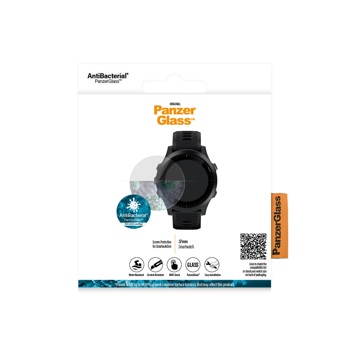 Paquete de protector de pantalla PanzerGlass con reloj y logo antibacteriano.