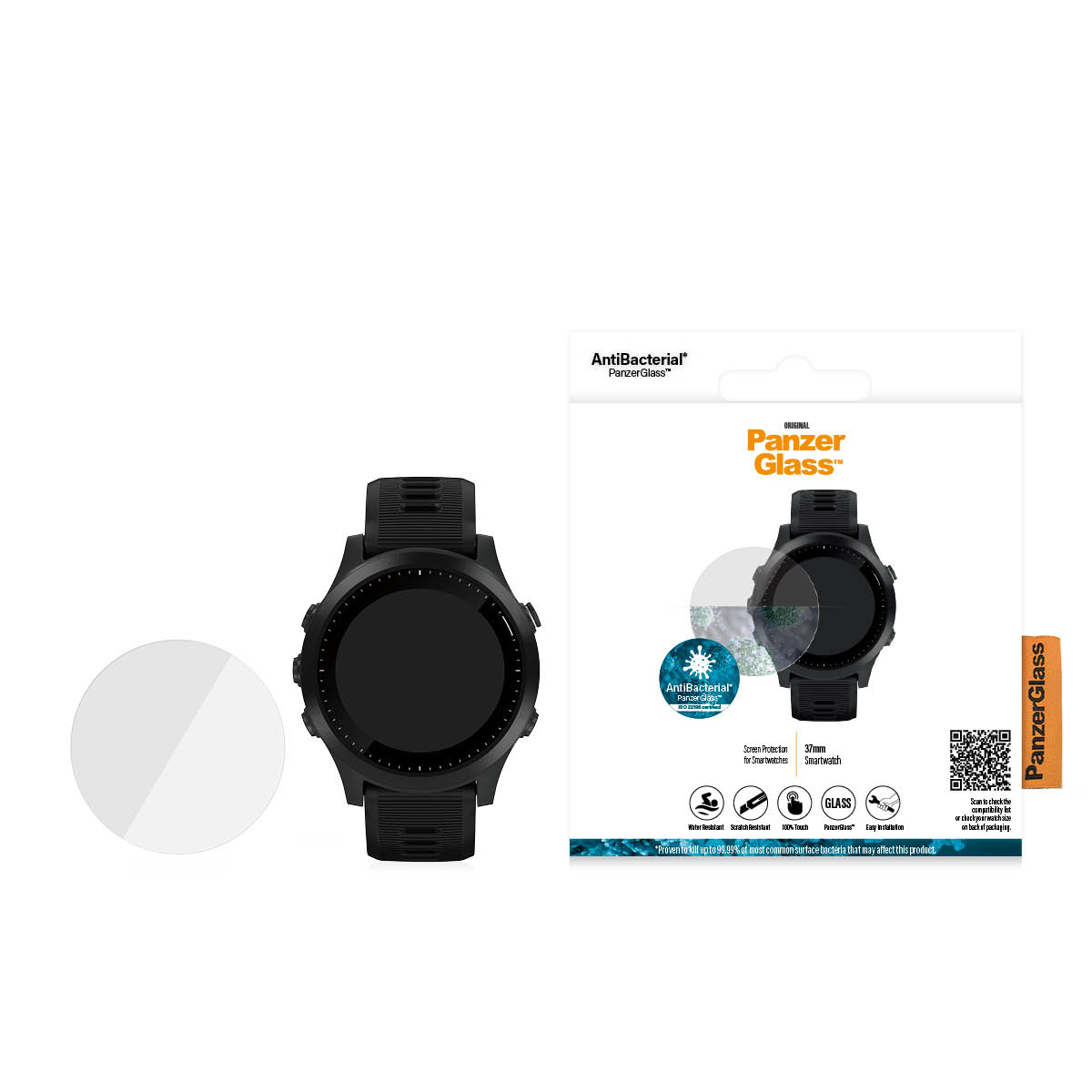 Smartwatch negra con protector de pantalla y embalaje.