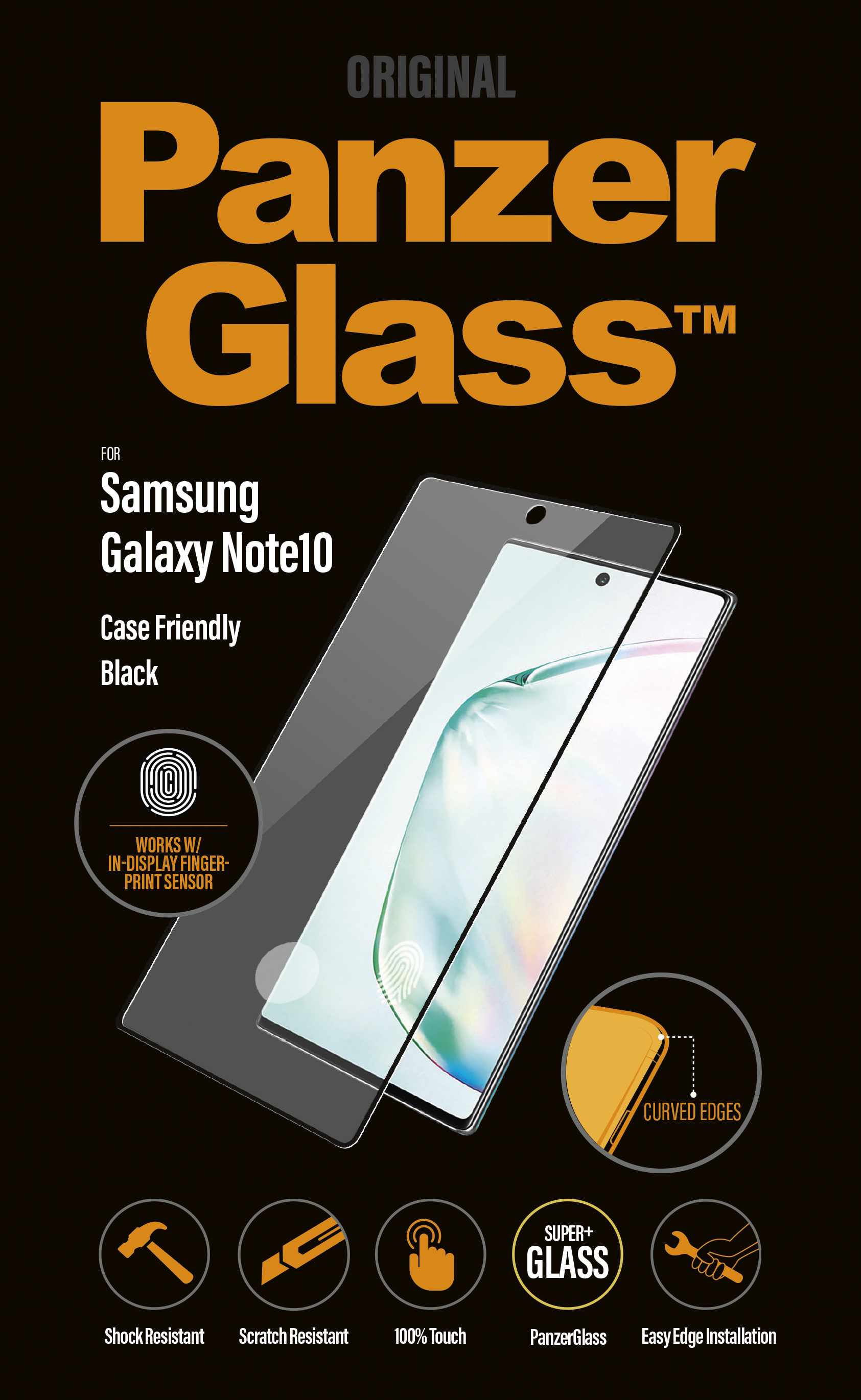 Proteggi schermo nero per Samsung Galaxy Note10, con testo PanzerGlass. Sfondo nero.