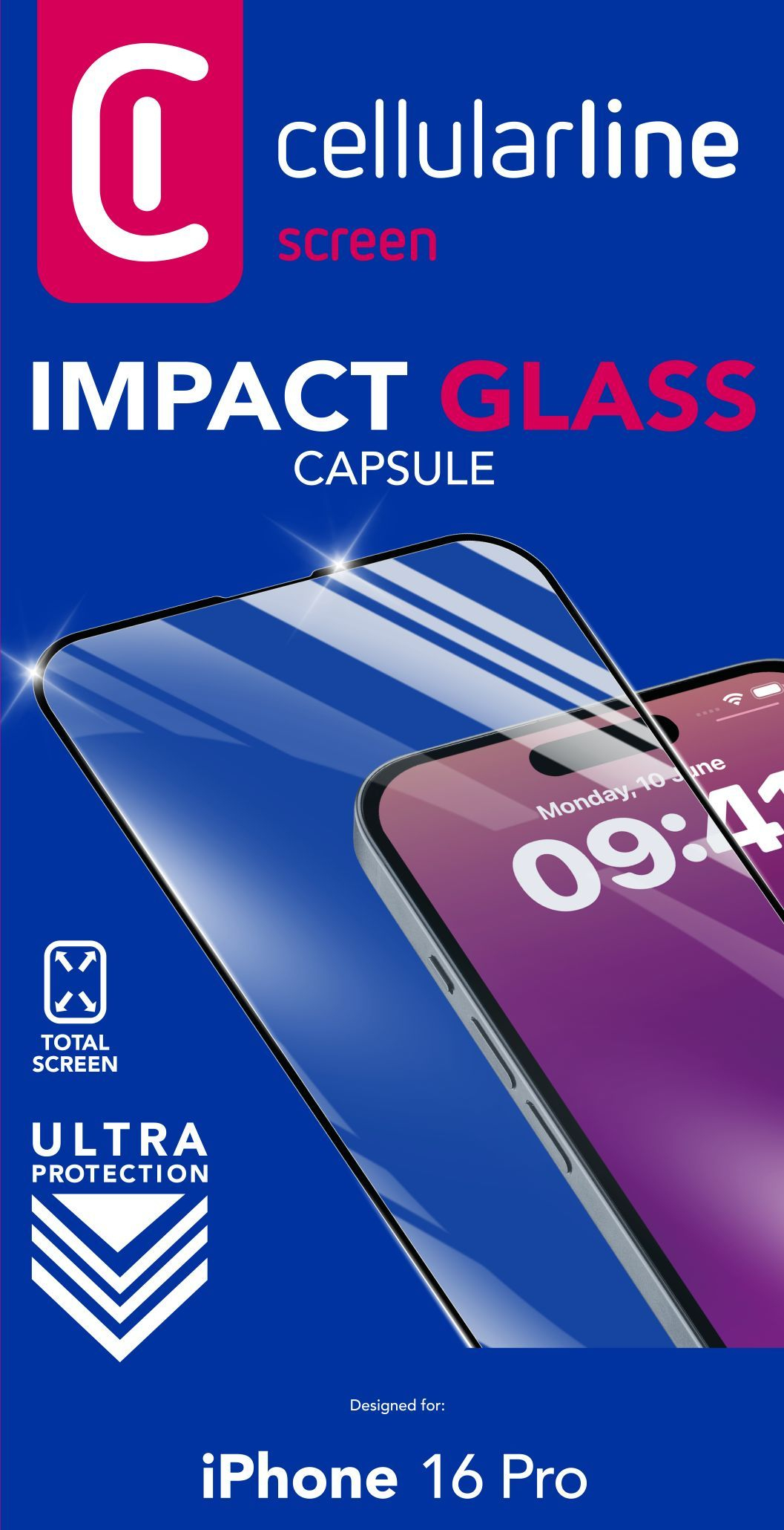 Pudełko na osłonę ekranu dla iPhone 16 Pro. Przezroczysta osłona na zdjęciu telefonu z niebieskim tłem.