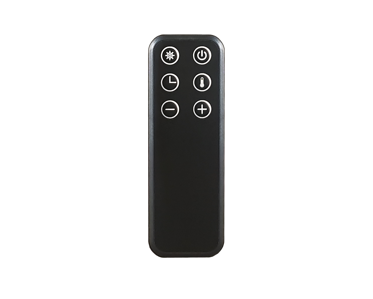 Mando a distancia negro con varios botones, incluyendo encendido, temporizador y temperatura.