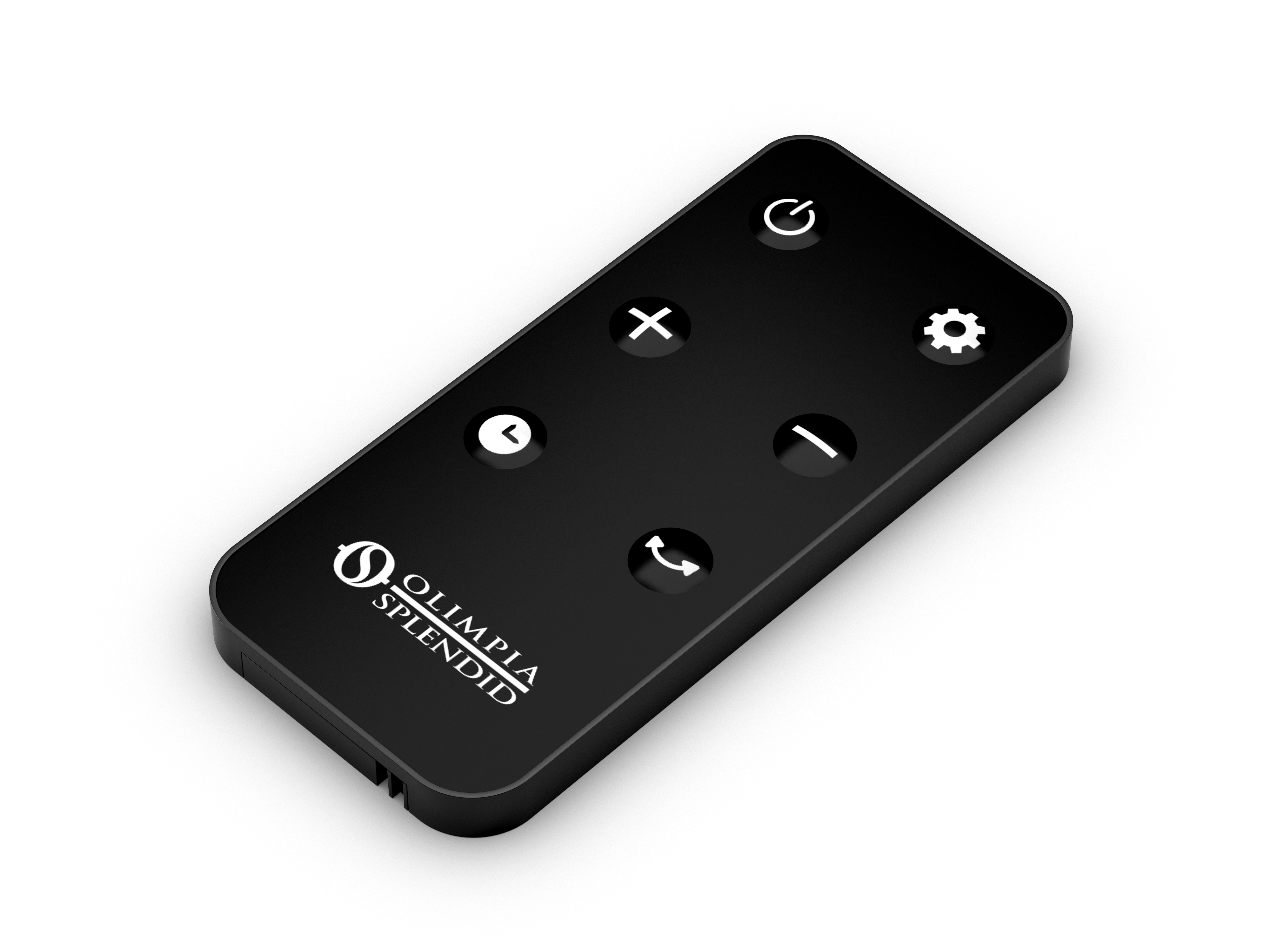 Czarny pilot z przyciskami i logo 'Olimpia Splendid' na białym tle.