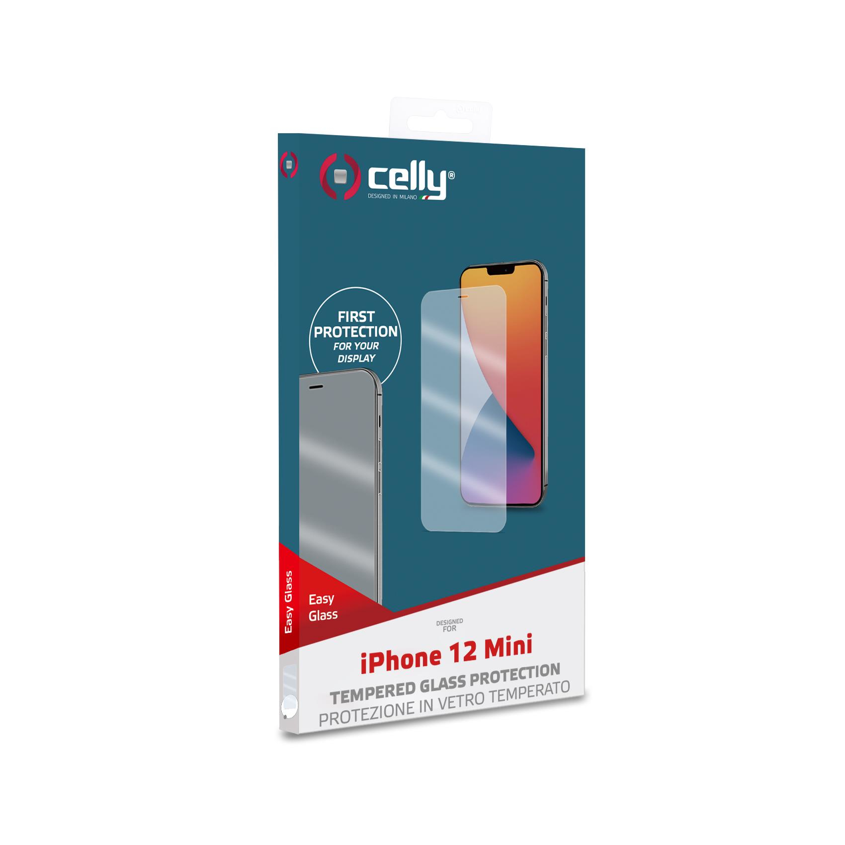 Confezione per protezione schermo iPhone 12 Mini con immagine del telefono e marchio.