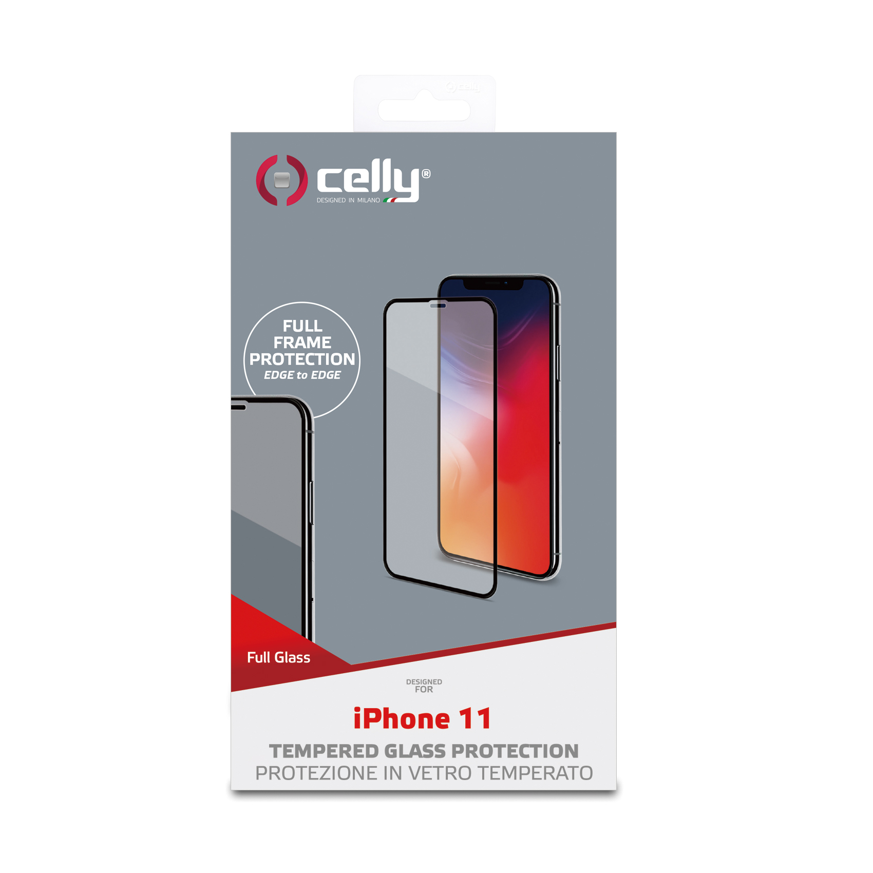 Scatola con protezione schermo e telefono. Marchio: 'celly'.