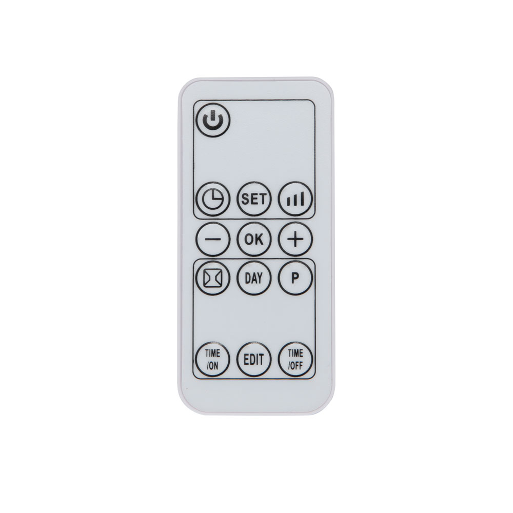 Biały pilot z różnymi przyciskami, na białym tle.