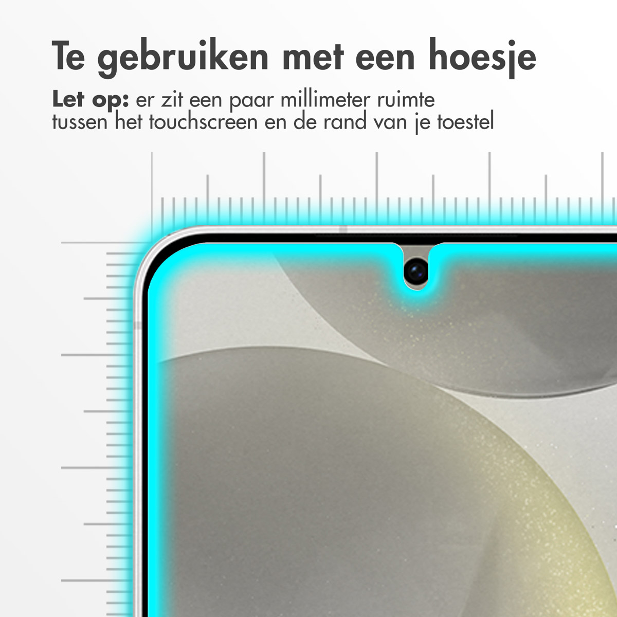 Close-up of a phone screen protector with a ruler, showing the edge.