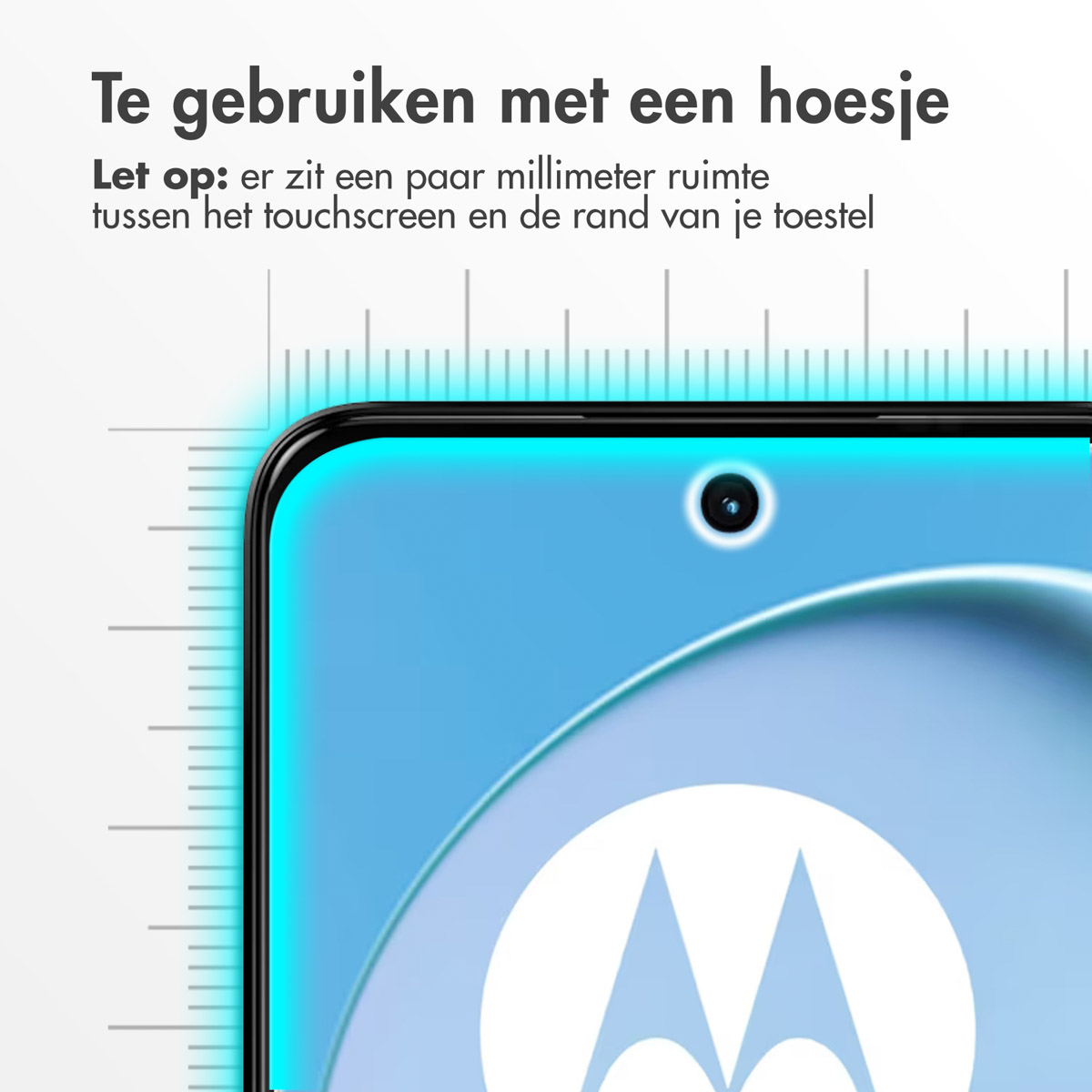Telefoonscherm met screenprotector. De telefoon heeft een Motorola logo.