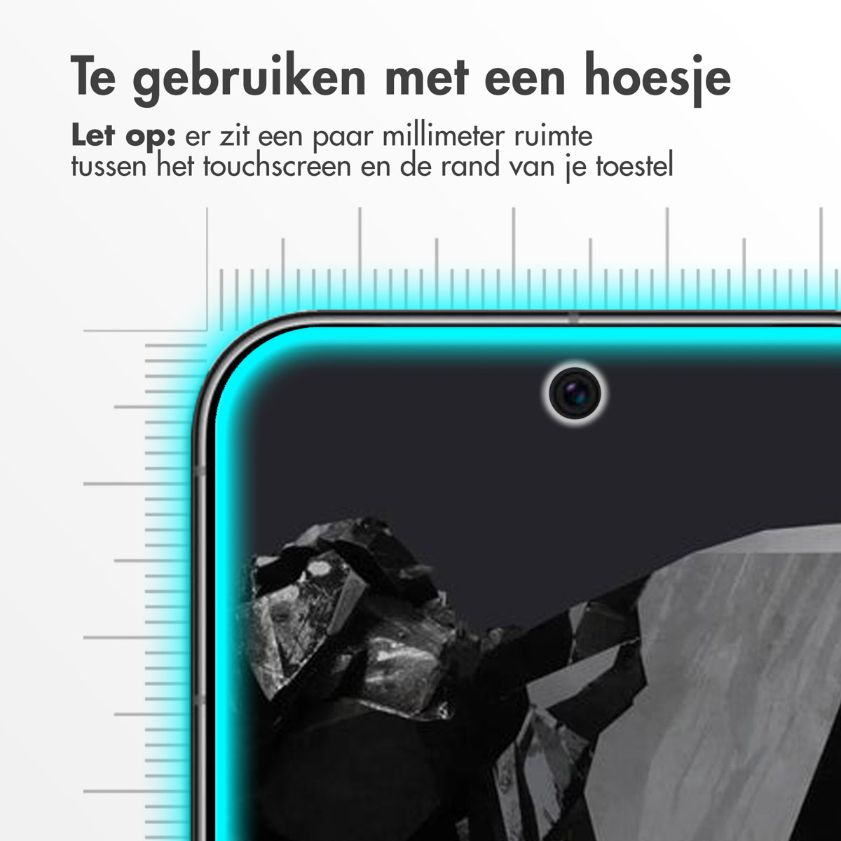 A phone screen displaying a digital clock, with a screen protector applied. Blue glow around the edge.