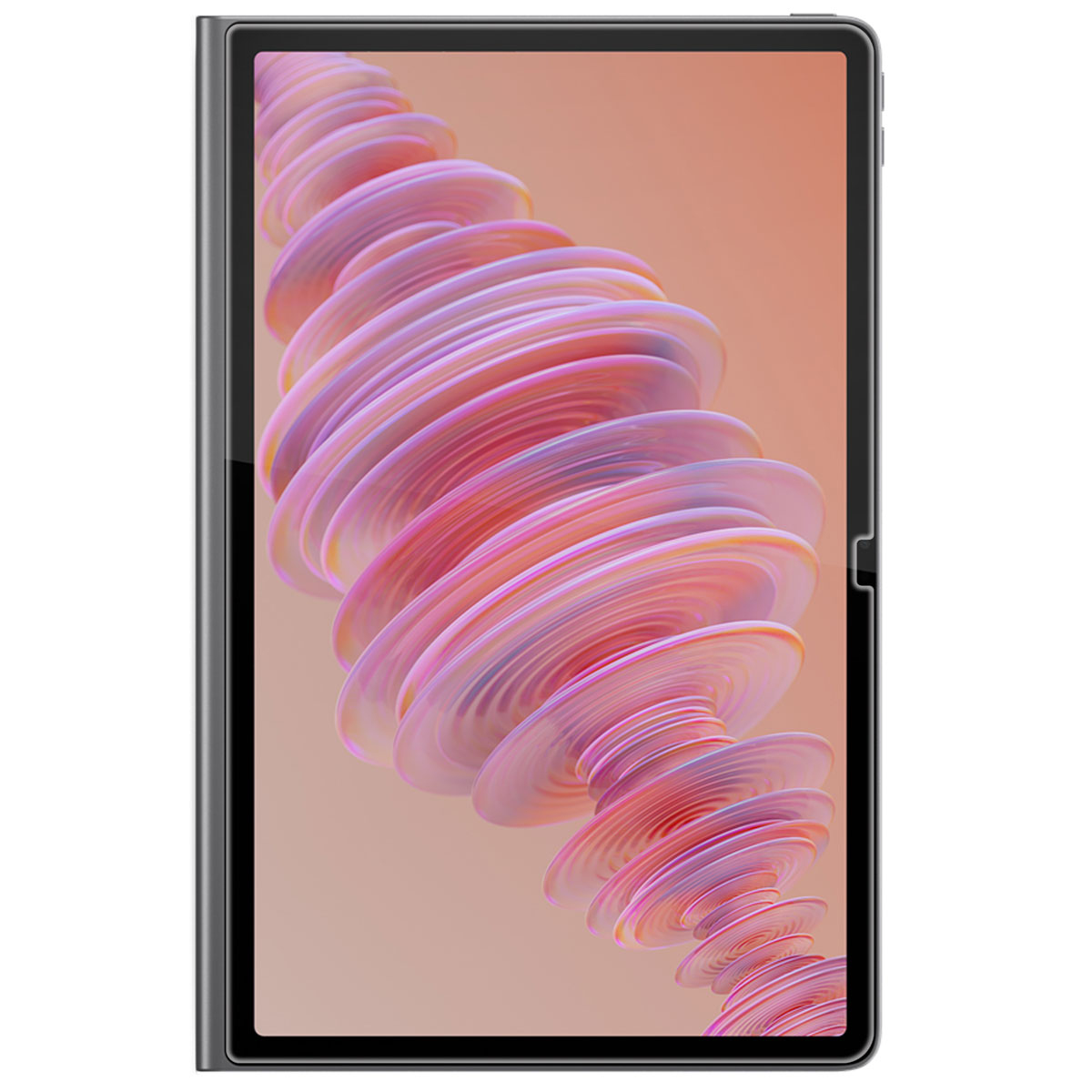 Een tabletcomputer met een scherm dat een abstract, kleurrijk ontwerp toont.