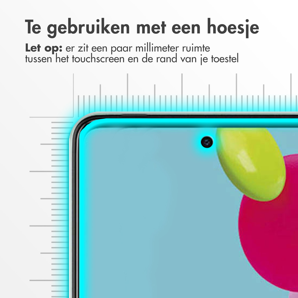 Telefoonscherm met schermbeschermer, met de bovenrand, camera en roze/geel.