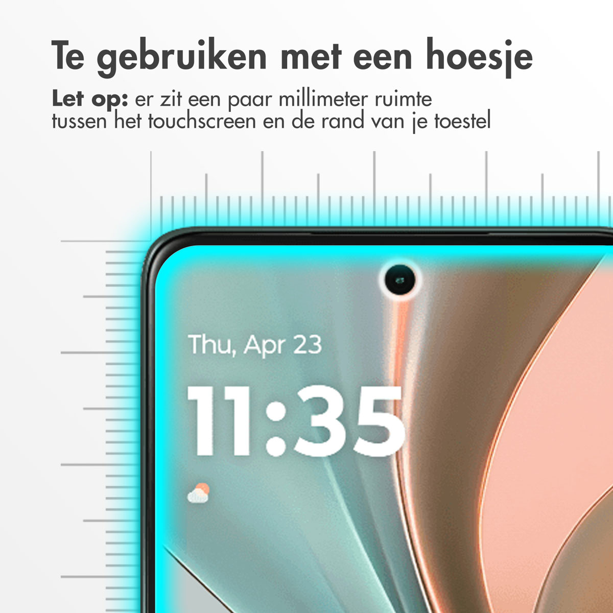 Telefoonschermbeschermer geïnstalleerd op een telefoon, met de tijd en datum en een liniaal.