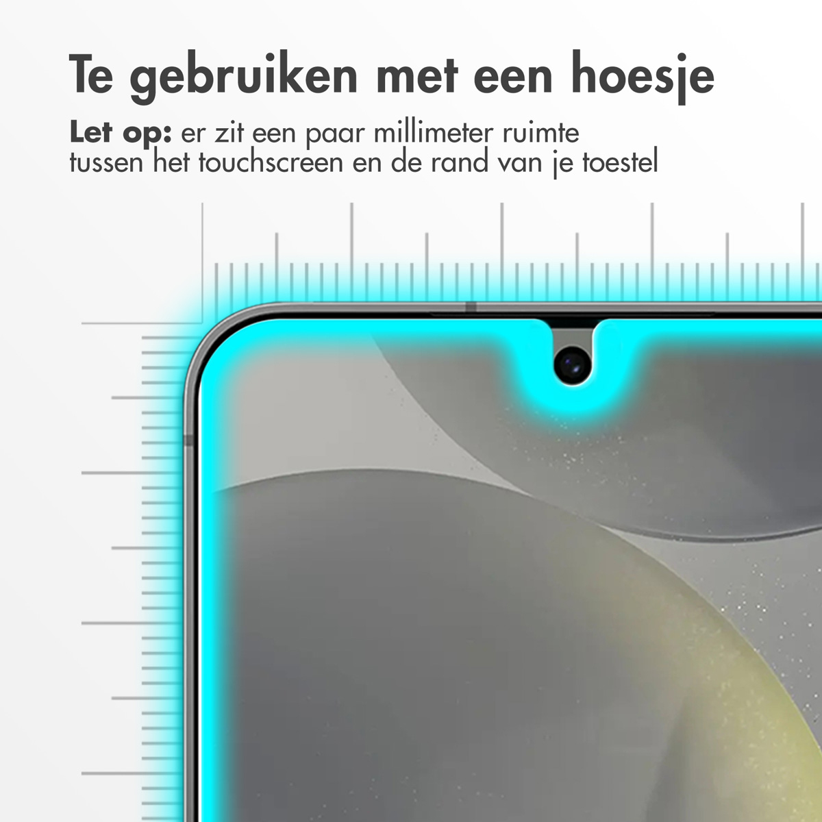 Gros plan sur l'écran du téléphone avec protecteur appliqué. Texte : utiliser avec un étui. Remarque : espace mm.