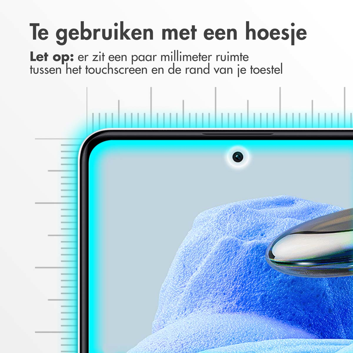 Close-up van een schermbeschermer, tekst in het Nederlands, met een blauwe vage achtergrond.