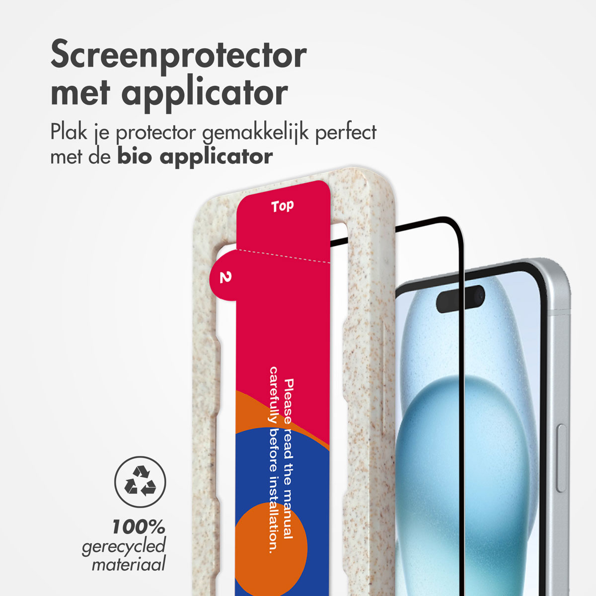 Een telefoon en schermbeschermer met applicator, met tekst en een gerecycled materiaal logo.
