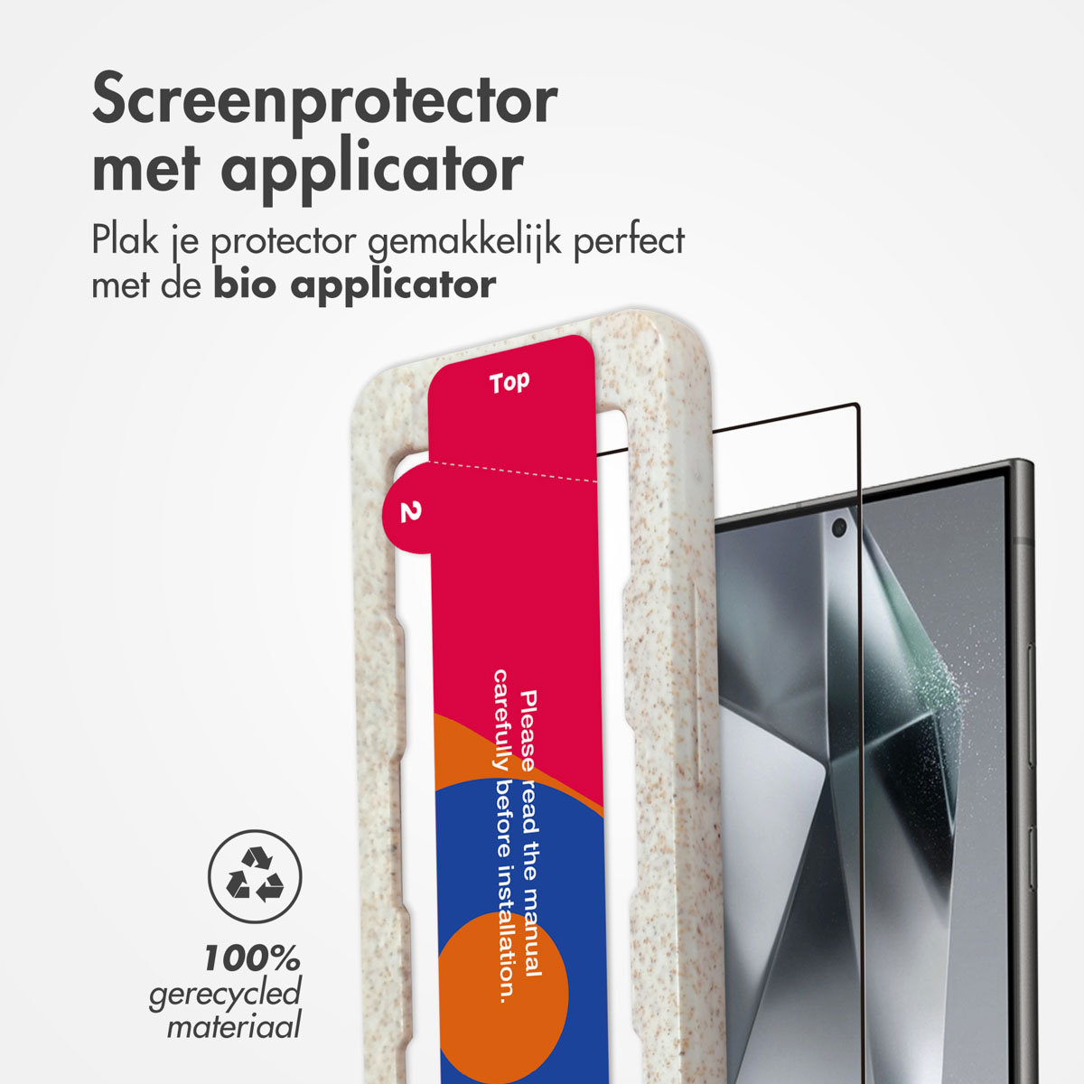 Protecteur d'écran avec kit d'application. Le kit est beige et a une étiquette rouge et bleue.