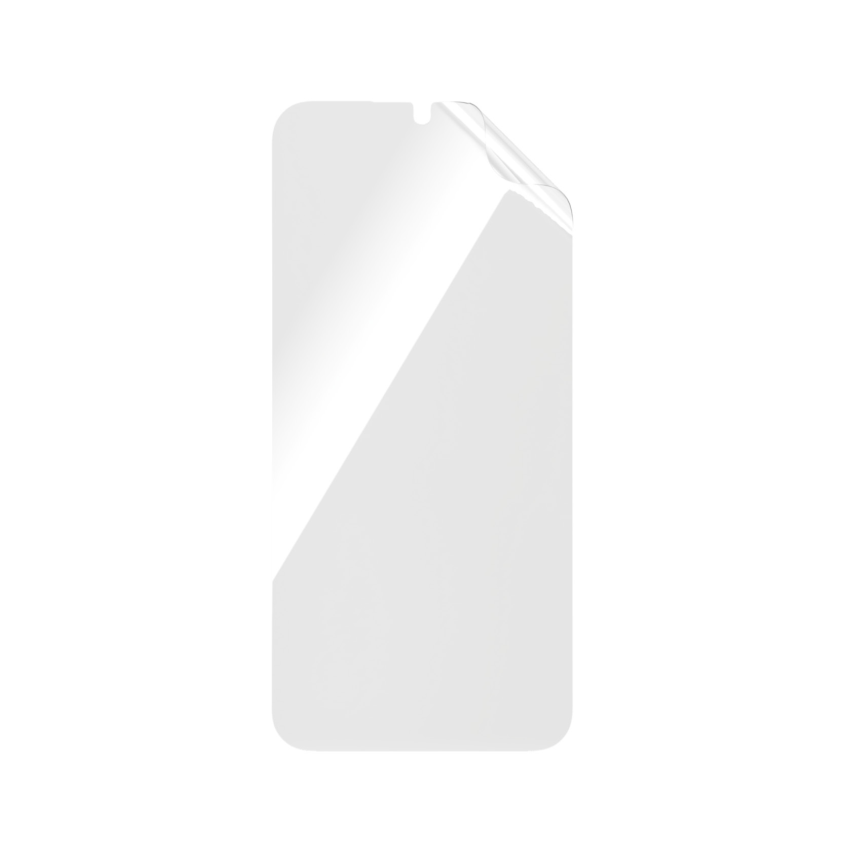Protezione schermo trasparente per telefono. La protezione è su sfondo bianco, con un angolo sollevato.