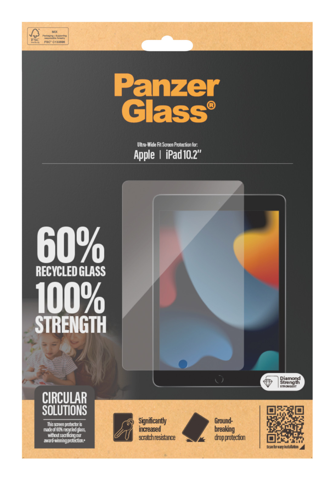 Confezione per una protezione schermo iPad. Presenta il prodotto, testo e immagini. Visualizzato su sfondo marrone.