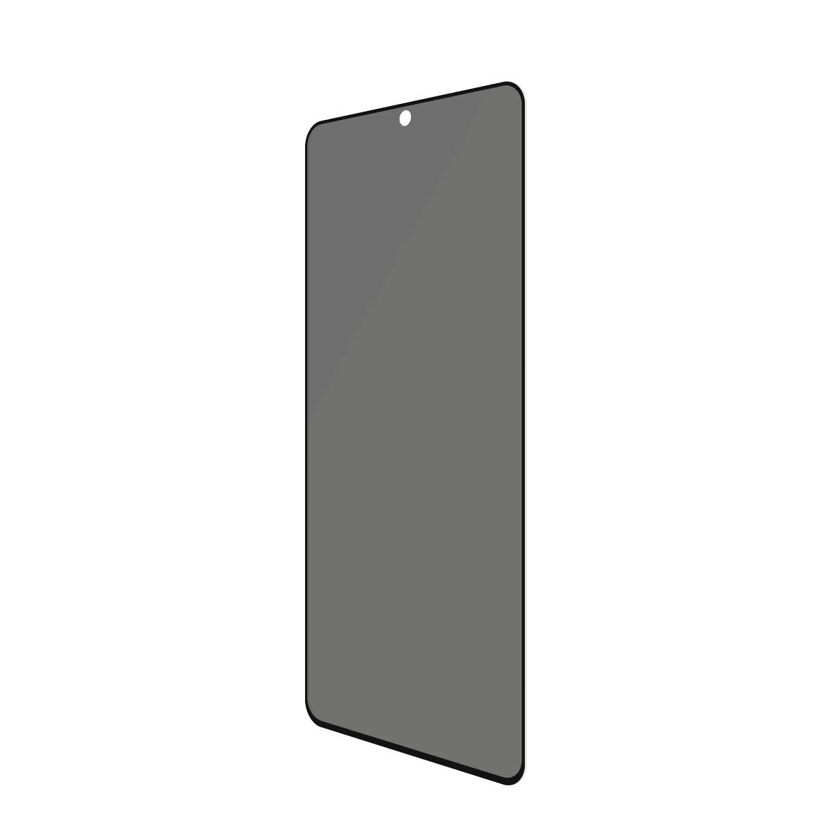 Protezione schermo rettangolare per telefono. È grigio, ha un foro per la fotocamera superiore e su sfondo bianco.