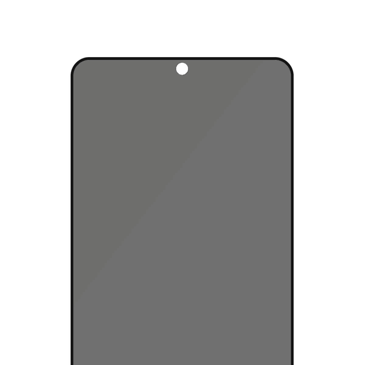 Schermo del telefono grigio scuro con fotocamera frontale, isolato su bianco.