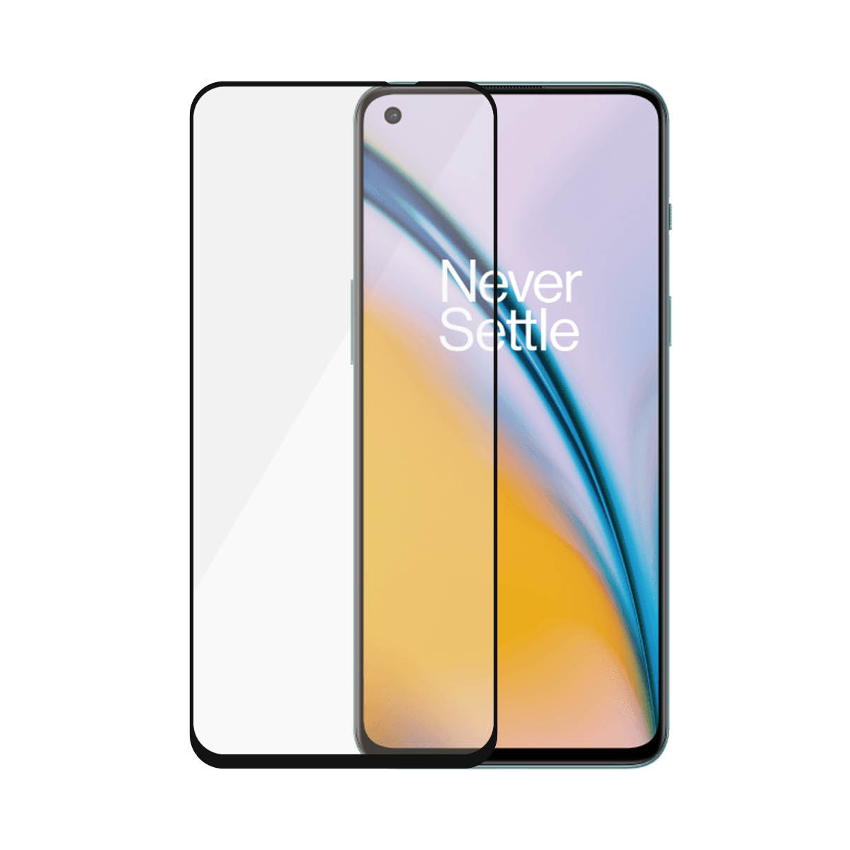 Telefono con protezione schermo. Lo schermo del telefono mostra testo. Protezione a destra. Sfondo bianco.