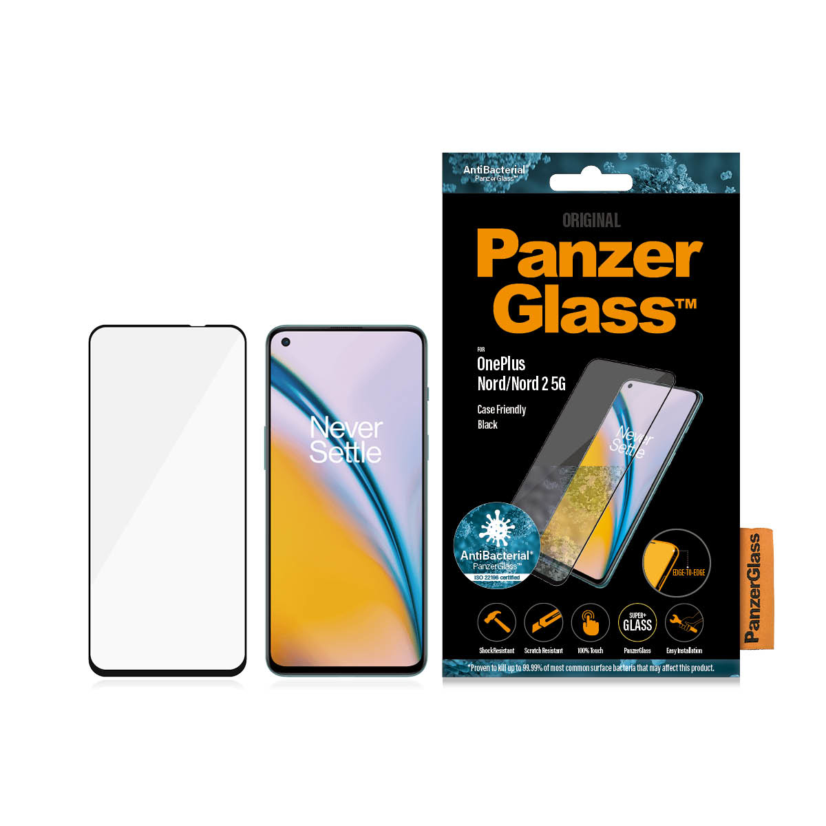 Telefono, protezione e confezione. Schermo del telefono visualizza. Confezione con testo e icone. Sfondo bianco.