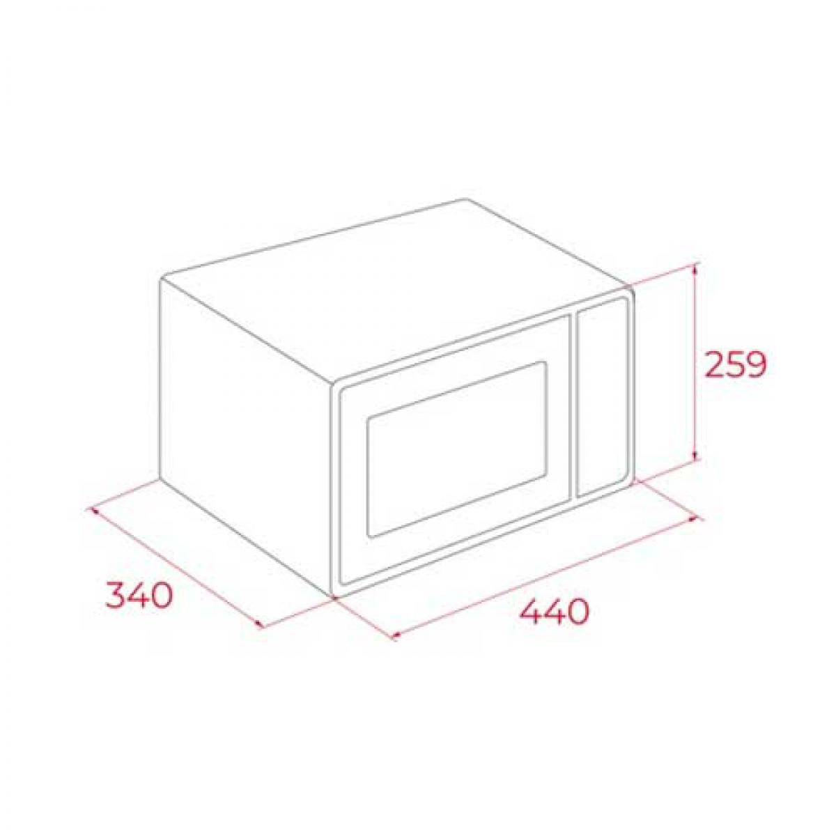 Biała kuchenka mikrofalowa z oznaczonymi wymiarami i prostokątnym oknem.