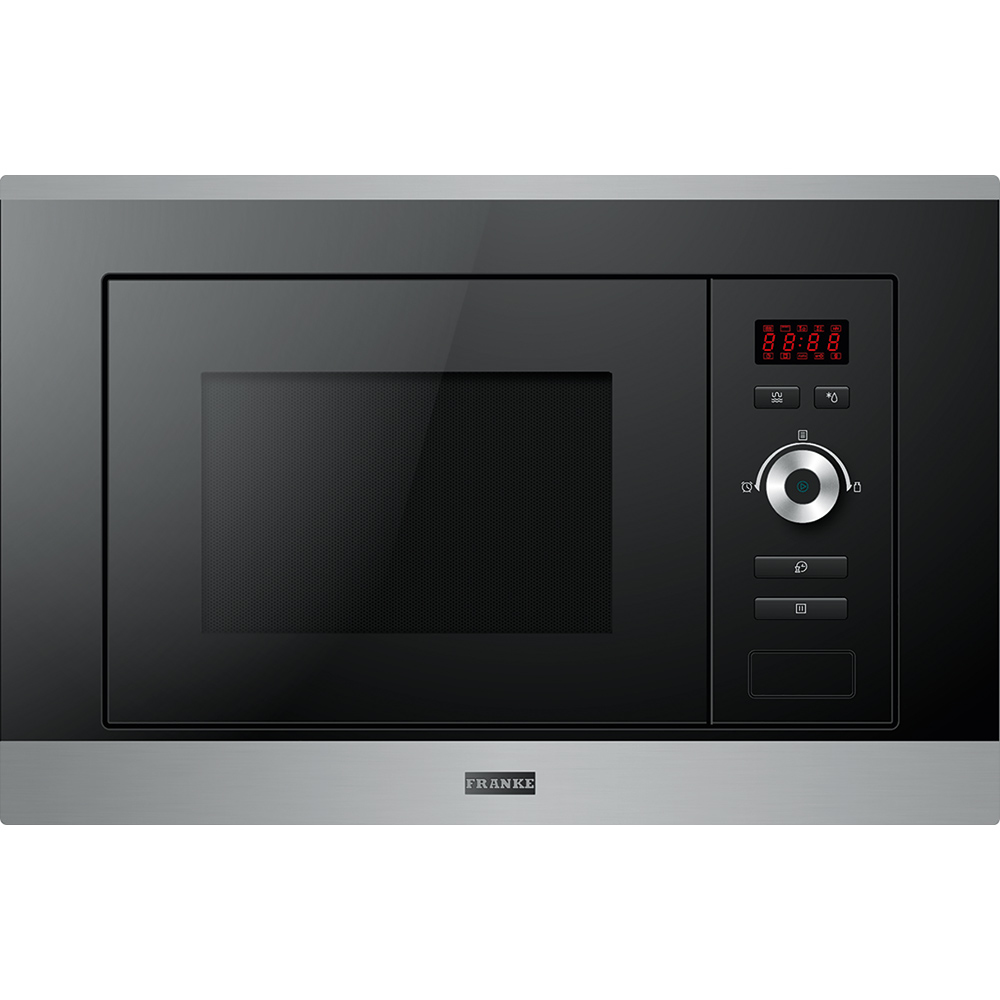 Microonde da incasso nero e argento con display digitale e pannello di controllo. Rifinitura in acciaio inox.