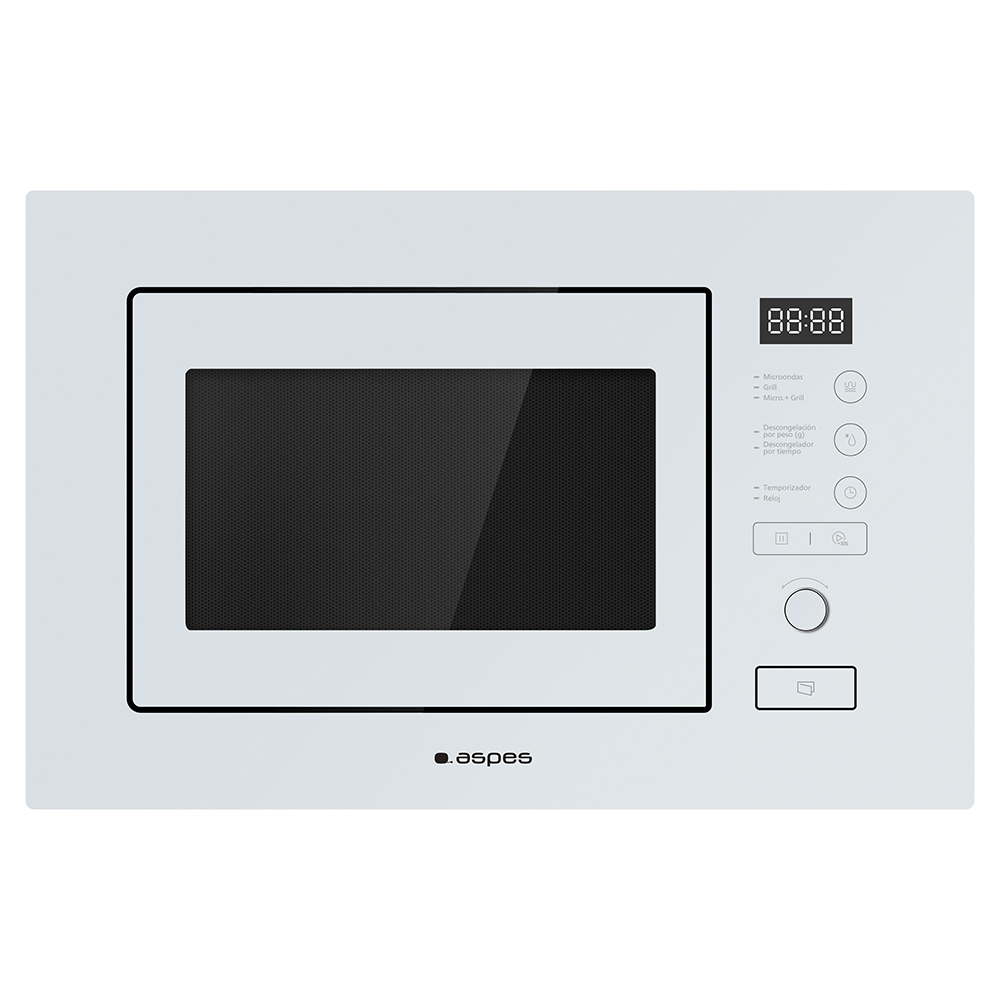 Biała kuchenka mikrofalowa z cyfrowym wyświetlaczem zegara i przyciskami sterowania. Czarne wnętrze.