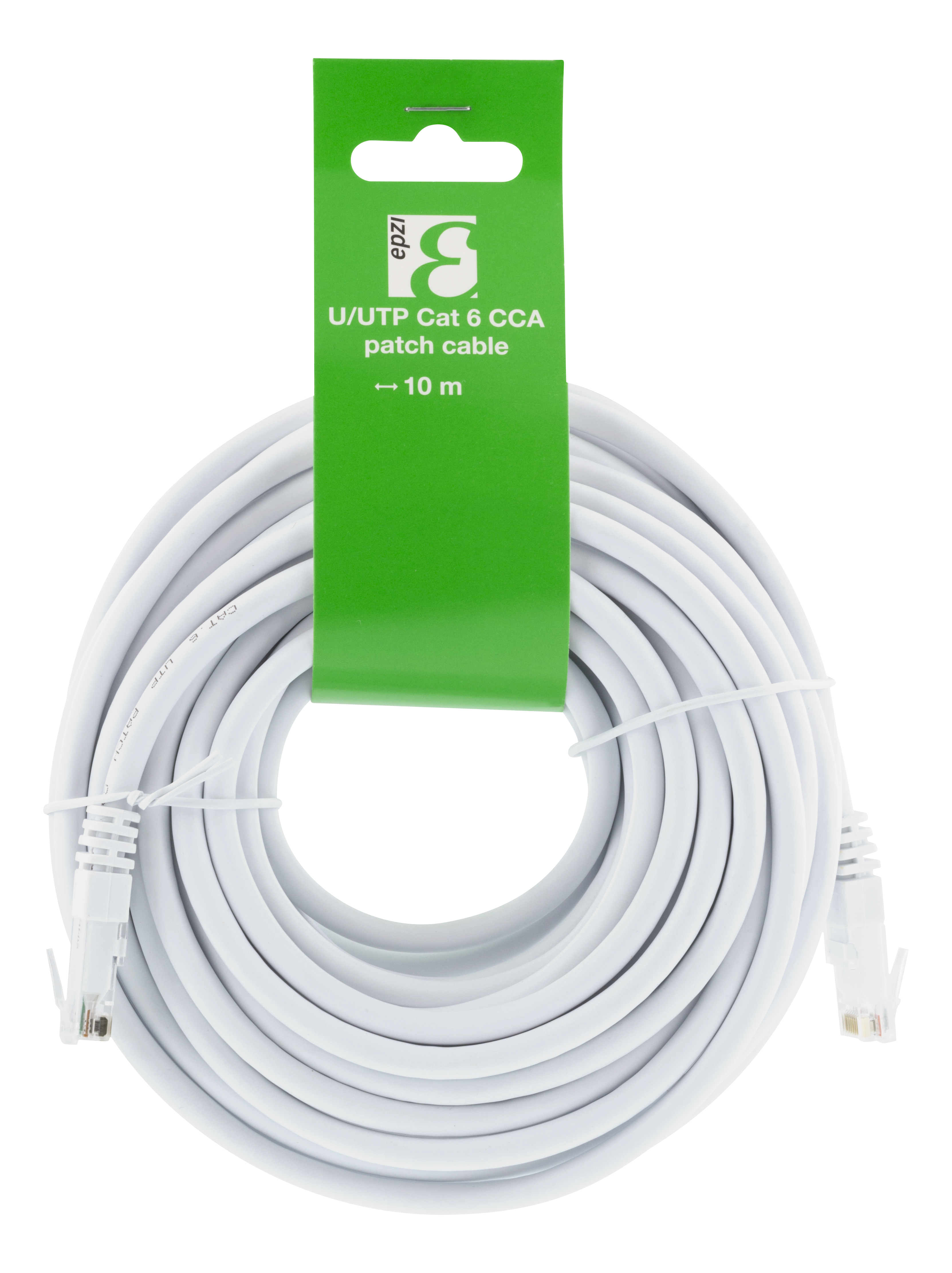 Cavo bianco arrotolato, con etichetta verde. Cavo patch U/UTP Cat 6 CCA.