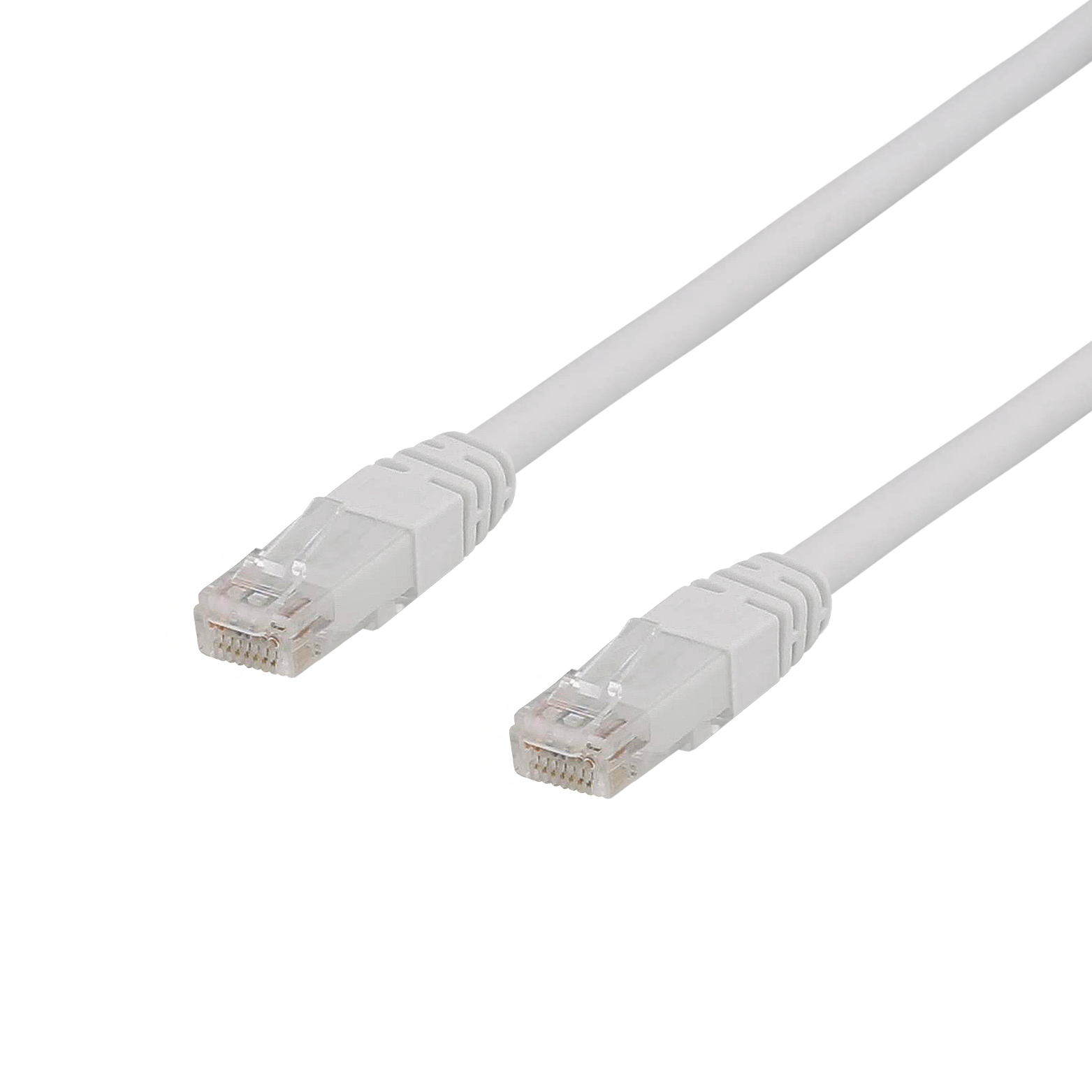 Cavo Ethernet bianco con connettori trasparenti, vista angolata. Sfondo bianco semplice.