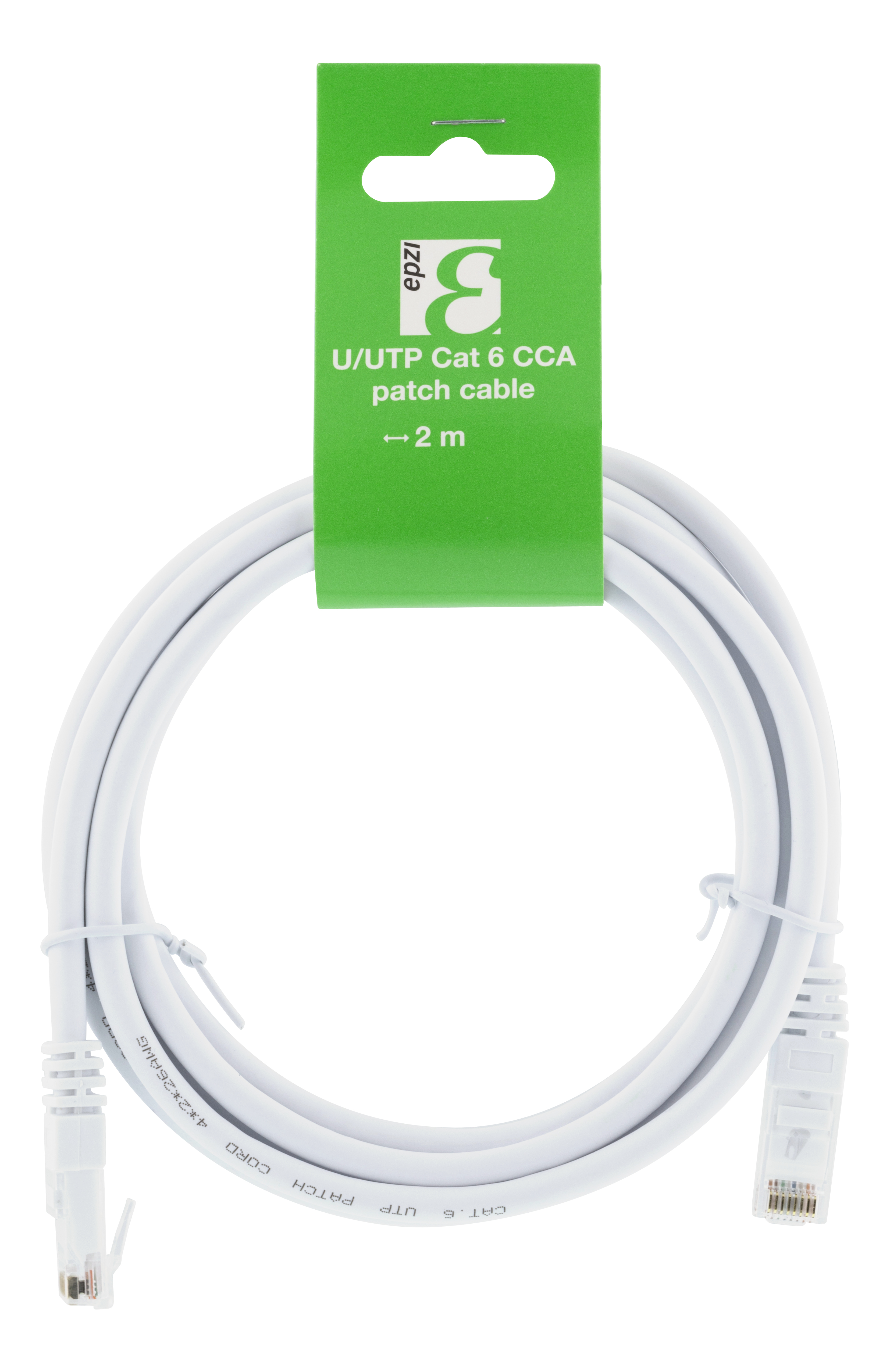 Cavo di rete bianco arrotolato, con connettori RJ45 su entrambe le estremità, etichetta verde.