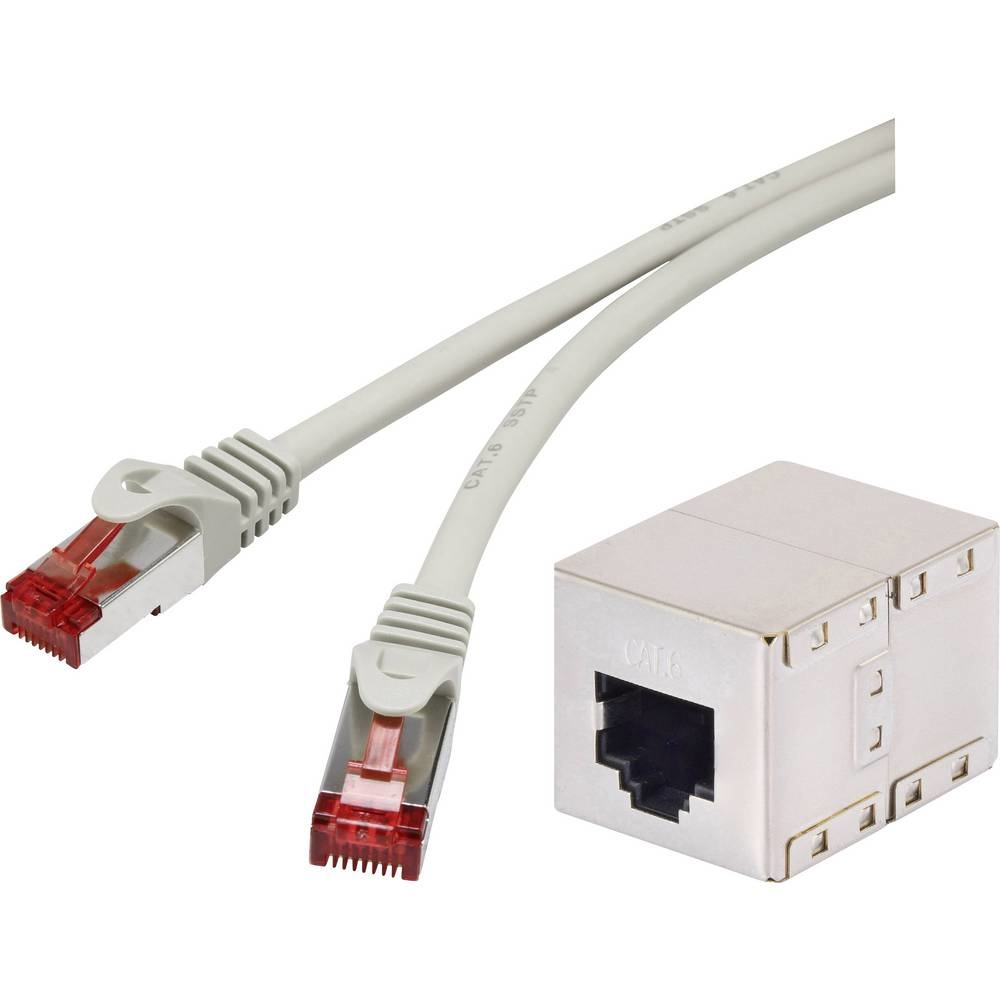 Due cavi Ethernet grigi con connettori e un connettore bianco.