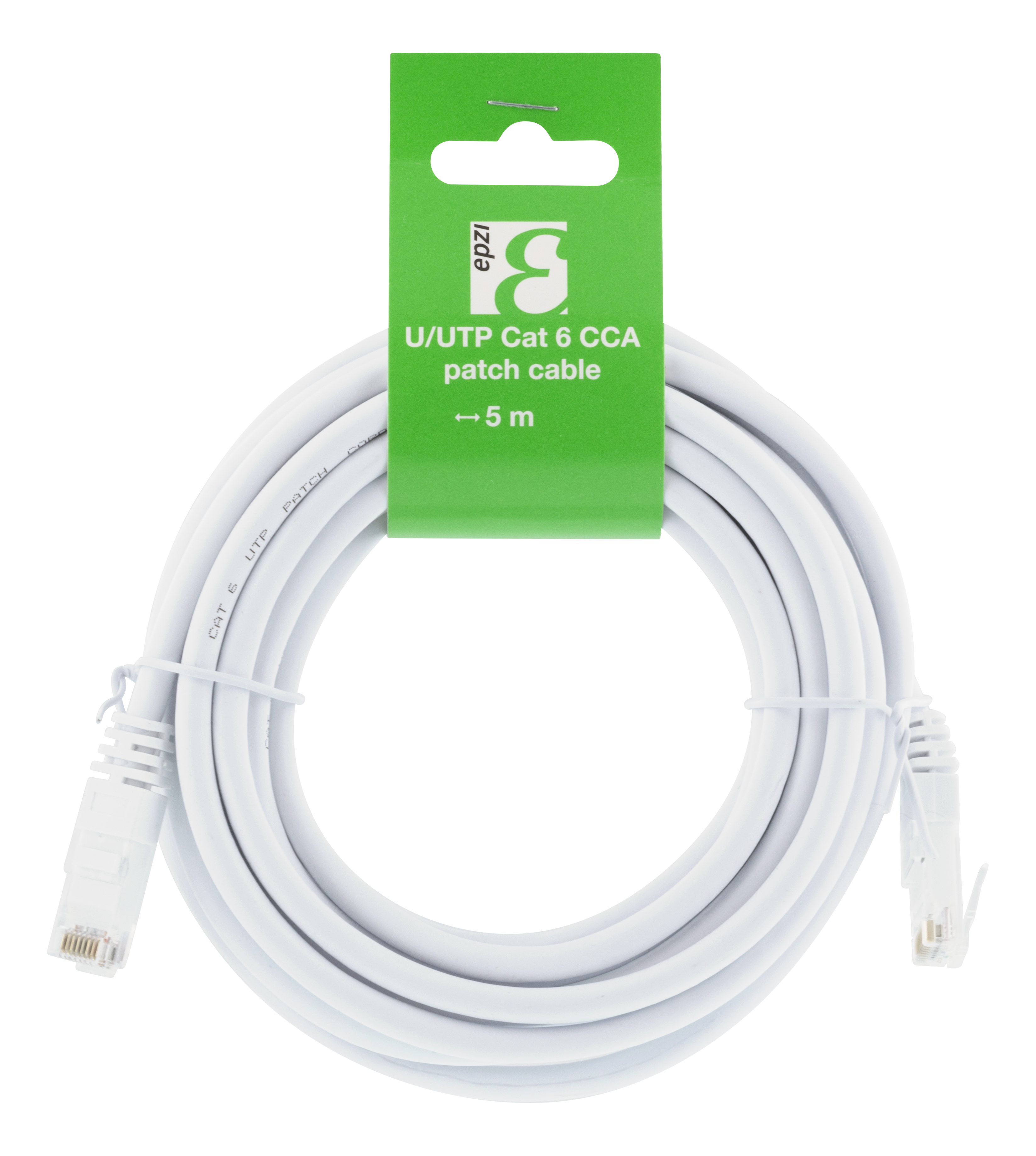 Cavo Ethernet bianco arrotolato, con etichetta verde: U/UTP Cat 6 CCA patch cable.