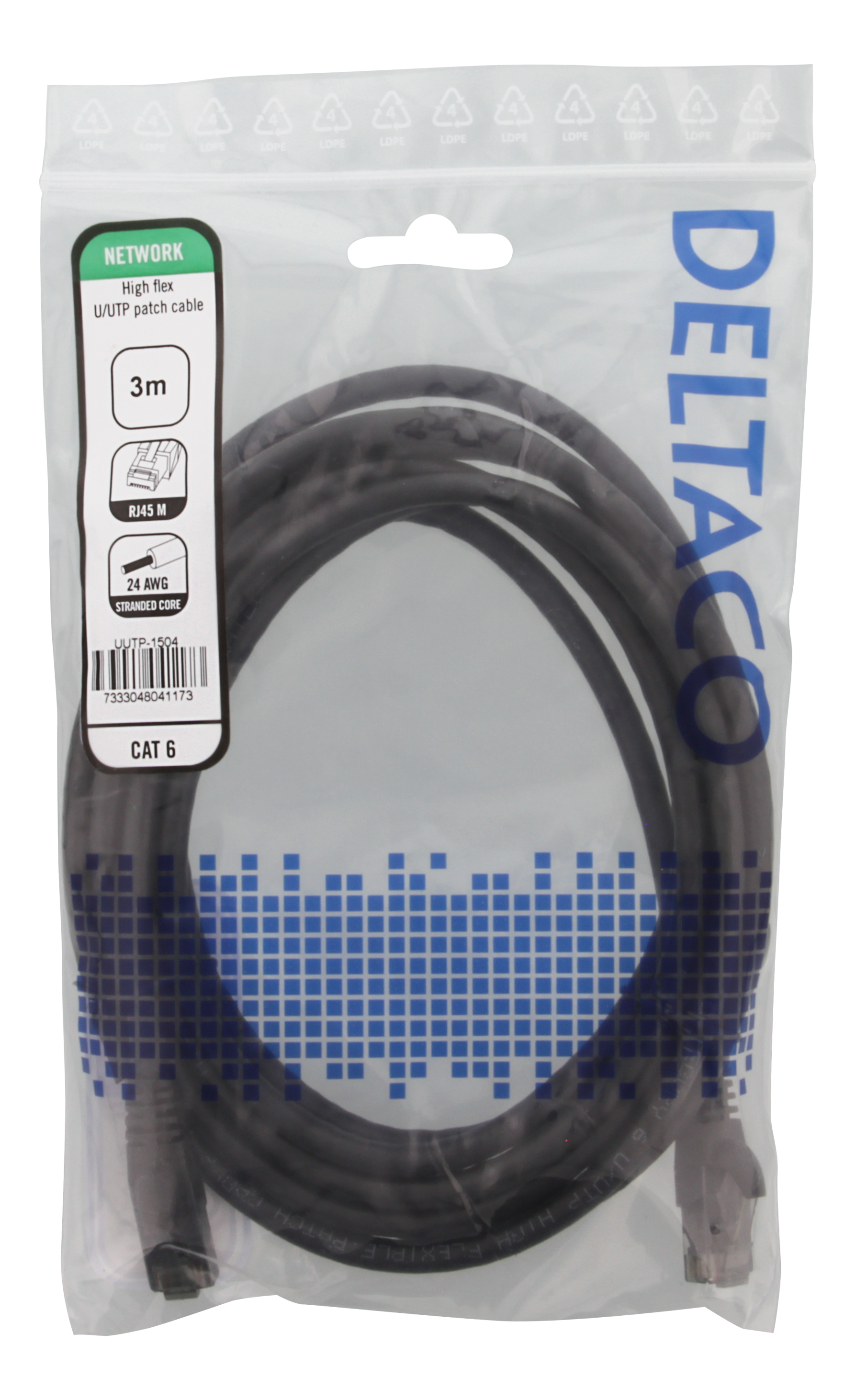 Un cavo di rete nero in un sacchetto di plastica con etichetta 'DELTACO', su sfondo bianco.