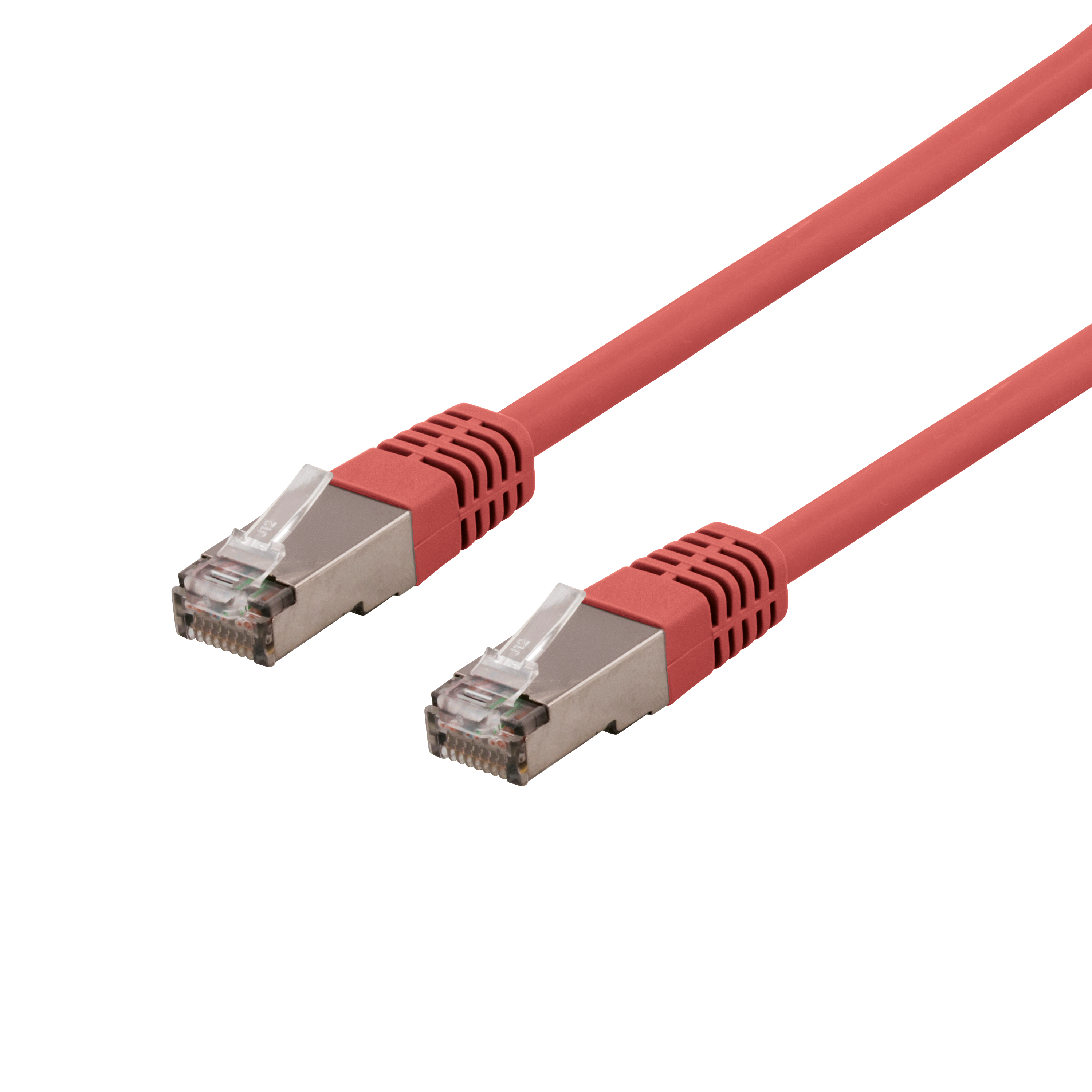 Due cavi Ethernet rossi con connettori RJ45, su sfondo bianco.