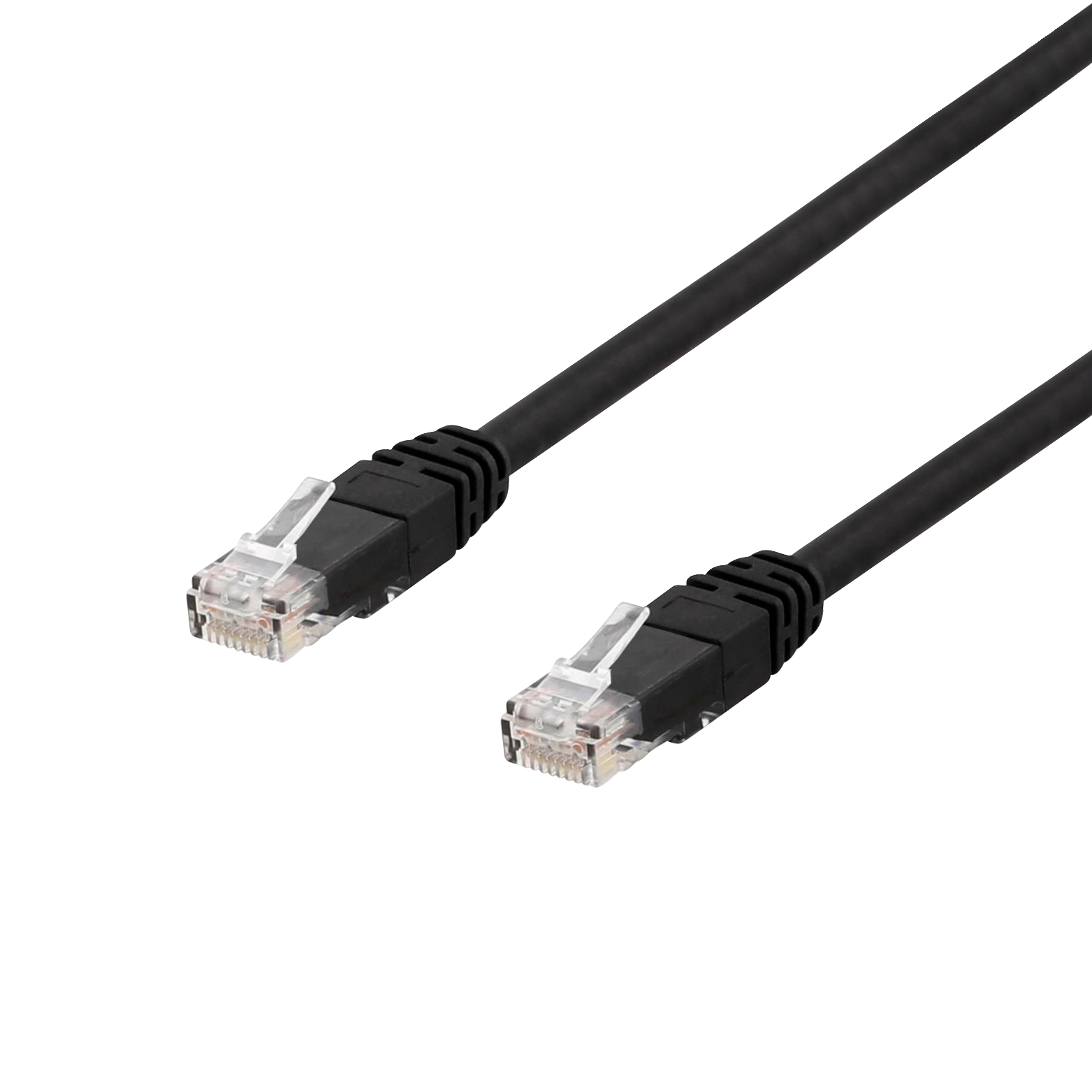 Cavo Ethernet nero con connettori trasparenti su sfondo bianco.